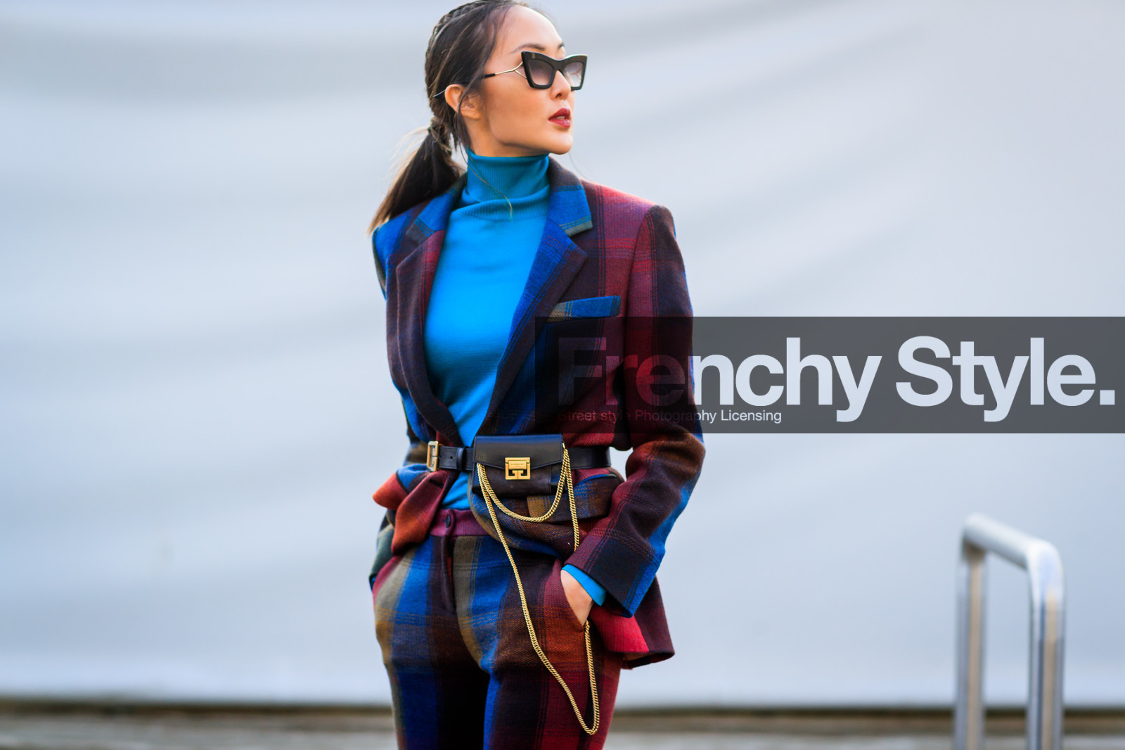 black bag, blue sweater, bordeaux, burgundy, chains, checked, fanny pack, givenchy, graphic jacket, graphic pants, leather bag, plaid, printed jacket, printed pants, red jacket, red pants, red suit, sunglasses, trousers, turtleneck sweater, fashion week, frenchystyle, FW, jonathan paciullo, street style, MFW, MILAN, AUTUMN WINTER 2018-2019, FALL WINTER 2018-2019, FW 18-19, horizontal, atmosphere details, Chriselle Lim