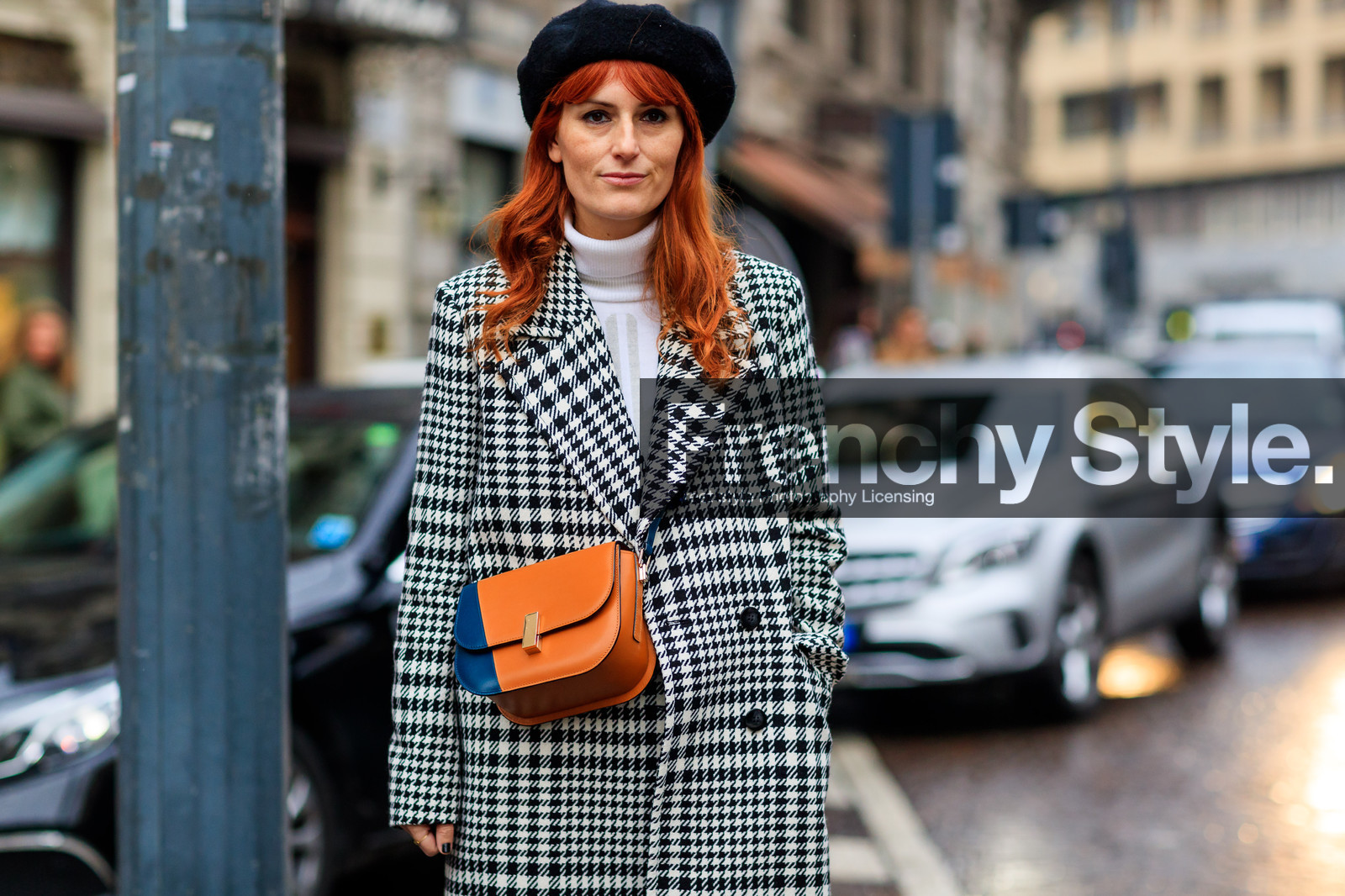 beret, black and white, black hat, camel bag, checked, graphic jacket, houndstooth pattern, leather bag, plaid, printed jacket, turtleneck sweater, white sweater, fashion week, frenchystyle, FW, jonathan paciullo, street style, MFW, MILAN, AUTUMN WINTER 2018-2019, FALL WINTER 2018-2019, FW 18-19, horizontal, atmosphere details, sara moschini