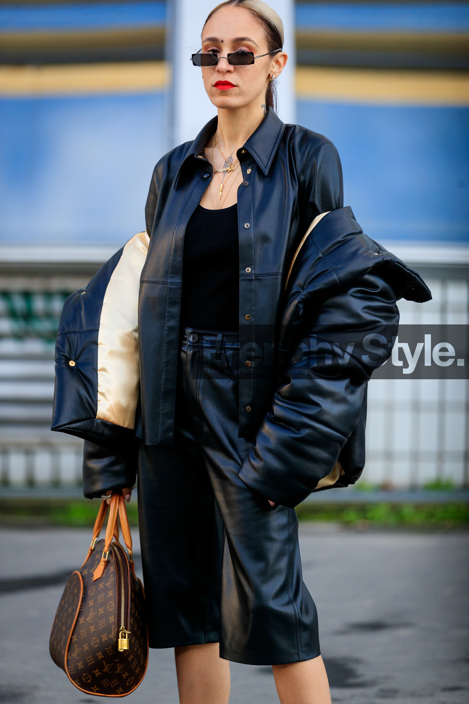 hera pradel, black leather coat, black leather bermuda shorts, black leather shirt, black sunglasses, black top, golden necklace, multi necklace, square shape glasses, futurist shape sunglasses, small sunglasses, down jacket, brown leather bag, monogrammed bag, louis vuitton bag, camel leather bag, hand bag, fashion week, frenchystyle, FW, jonathan paciullo, street style, PFW, PARIS, AUTUMN WINTER 2020-2021, FALL WINTER 2020-2021, FW 20-21, vertical, atmosphere details, detail