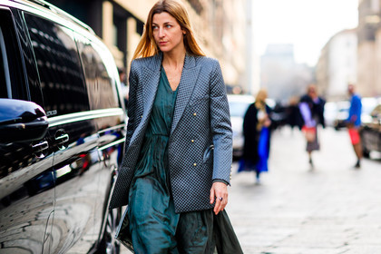 ada kokosar, atmosphere details, AUTUMN WINTER 2017-2018, AW 17-18, blazer, detail, FALL WINTER 2017-2018, fashion week, frenchystyle, FW, FW 17-18, green dress, grey jacket, horizontal, jonathan paciullo, MFW, MILAN, silk dress, street style, trousers