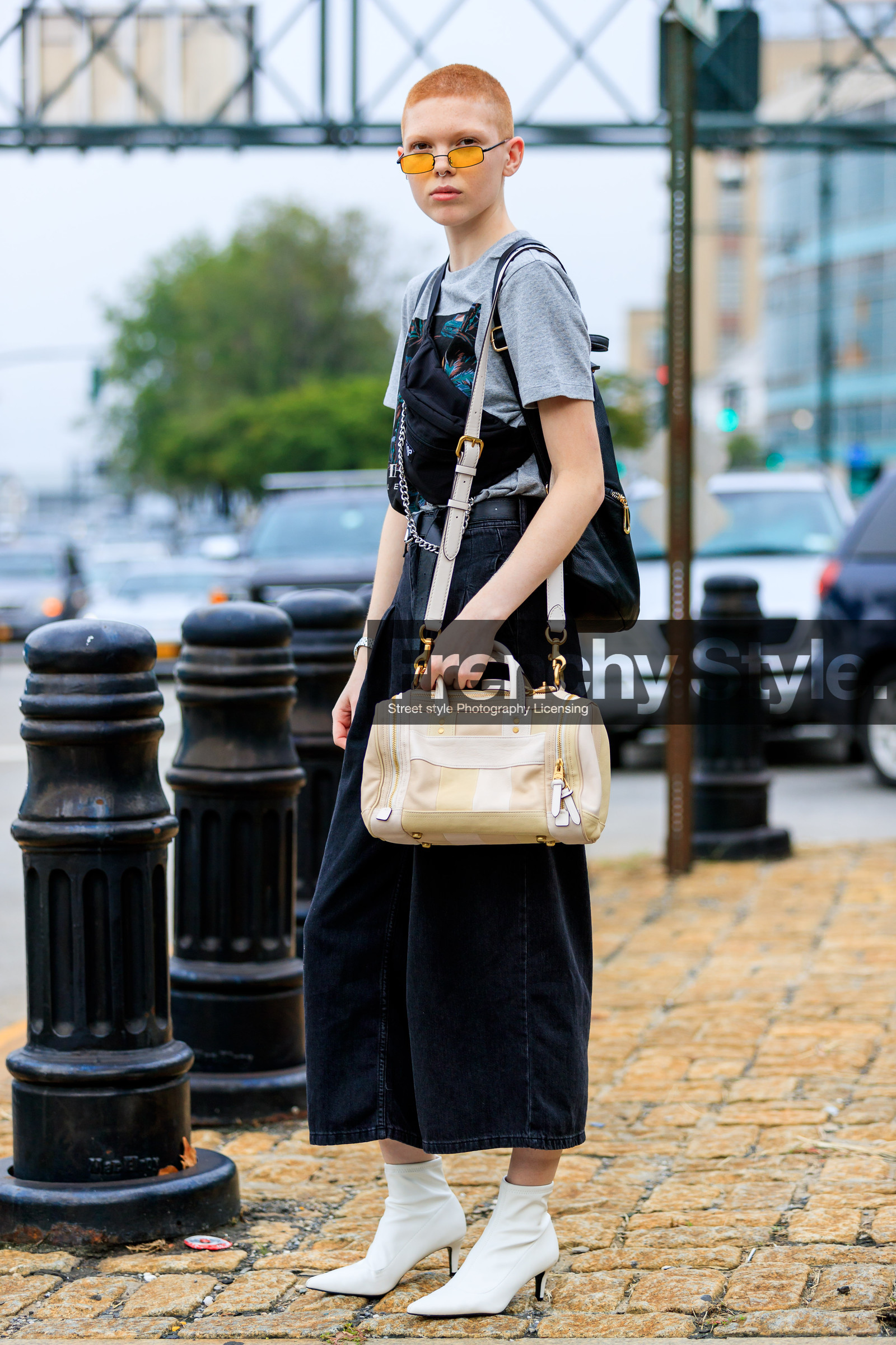 beige bag, black bag, black belt, black denim, denim pants, fanny pack, grey t shirt, high heels, jeans, leather bag, leather belt, leather shoes, model, printed t shirt, sunglasses, trousers, white boots, street style, jonathan paciullo, FW, frenchystyle, fashion week, NYFW, NEW YORK, SPRING SUMMER 2019, SS 19, vertical, full length