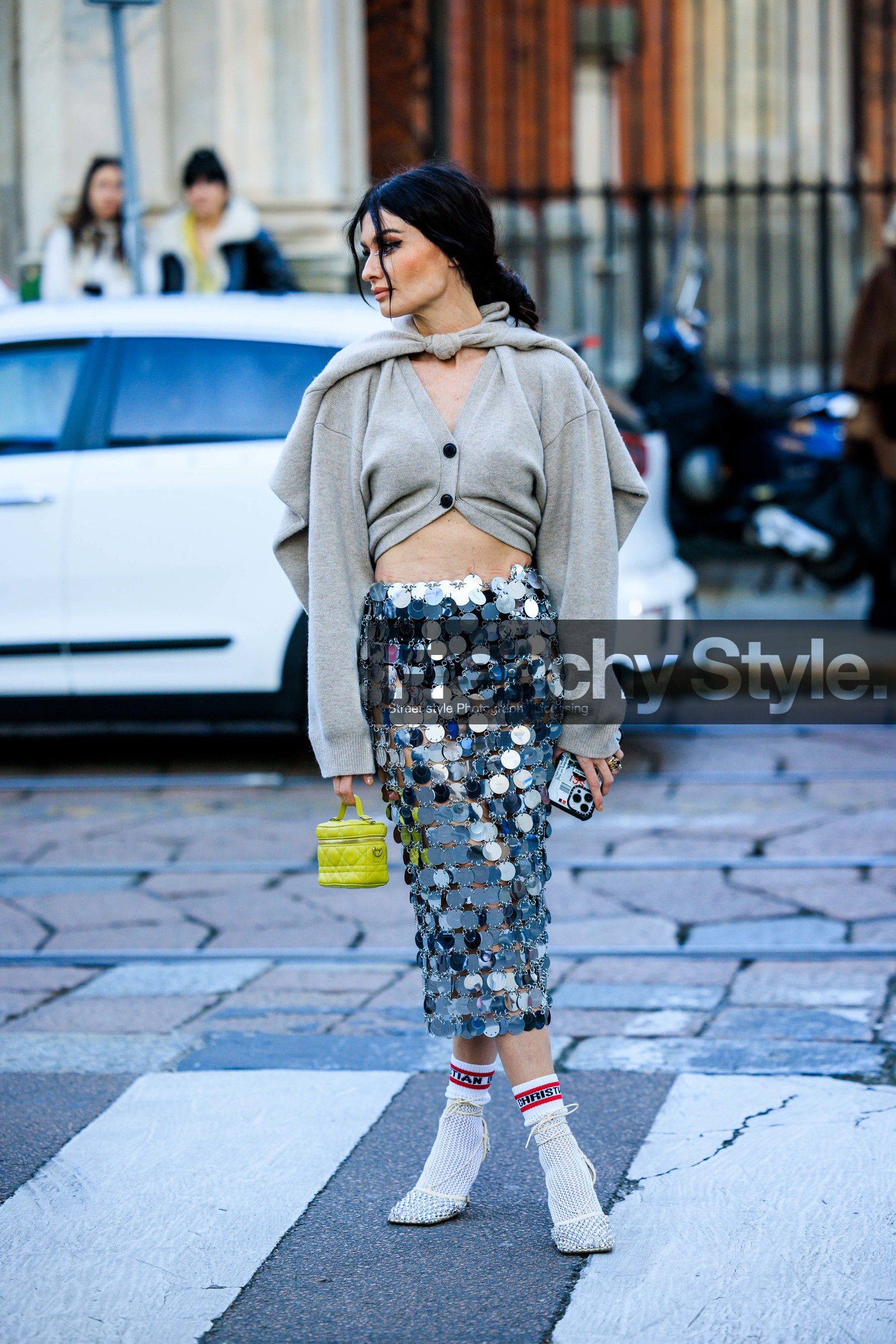 sparkling skirt, silver skirt, grey cardigan, knitwear, bottega veneta sandals, white sandals, mini dior bag, green fluo bag, mini green bag, white socks, street style, jonathan paciullo, FW, frenchystyle, fashion week, MFW, MILAN, FALL WINTER 2022_2023, AUTUMN WINTER 2022-2023, FW 22-23, vertical, full length