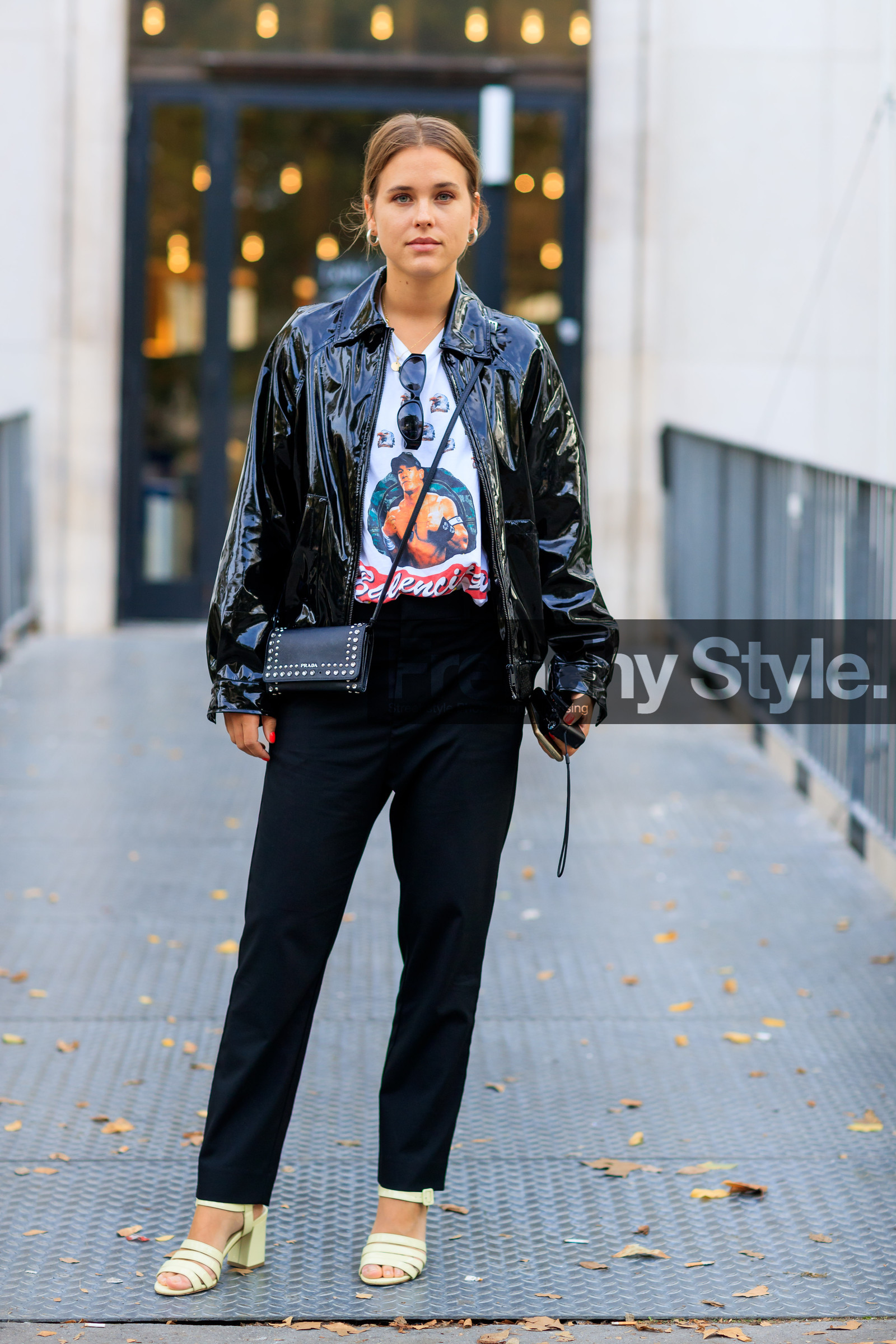 balenciaga, black bag, black jacket, black pants, fashion week, frenchystyle, full length, FW, high heels, jonathan paciullo, leather bag, leather jacket, leather shoes, PARIS, PFW, prada, printed t shirt, SPRING SUMMER 2018, SS 18, street style, studs, trousers, vertical, vinyl, white sandals, white t shirt