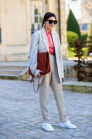 beige jacket, beige pants, beige suit, blazer, leather bag, leather shoes, red bag, red sweater, sunglasses, trousers, white shoes, PARIS, PFW, street style, jonathan paciullo, FW, frenchystyle, fashion week, AUTUMN WINTER 2019-2020, AW 19-20, FALL WINTER 2019-2020, FW 19-20, vertical, full length