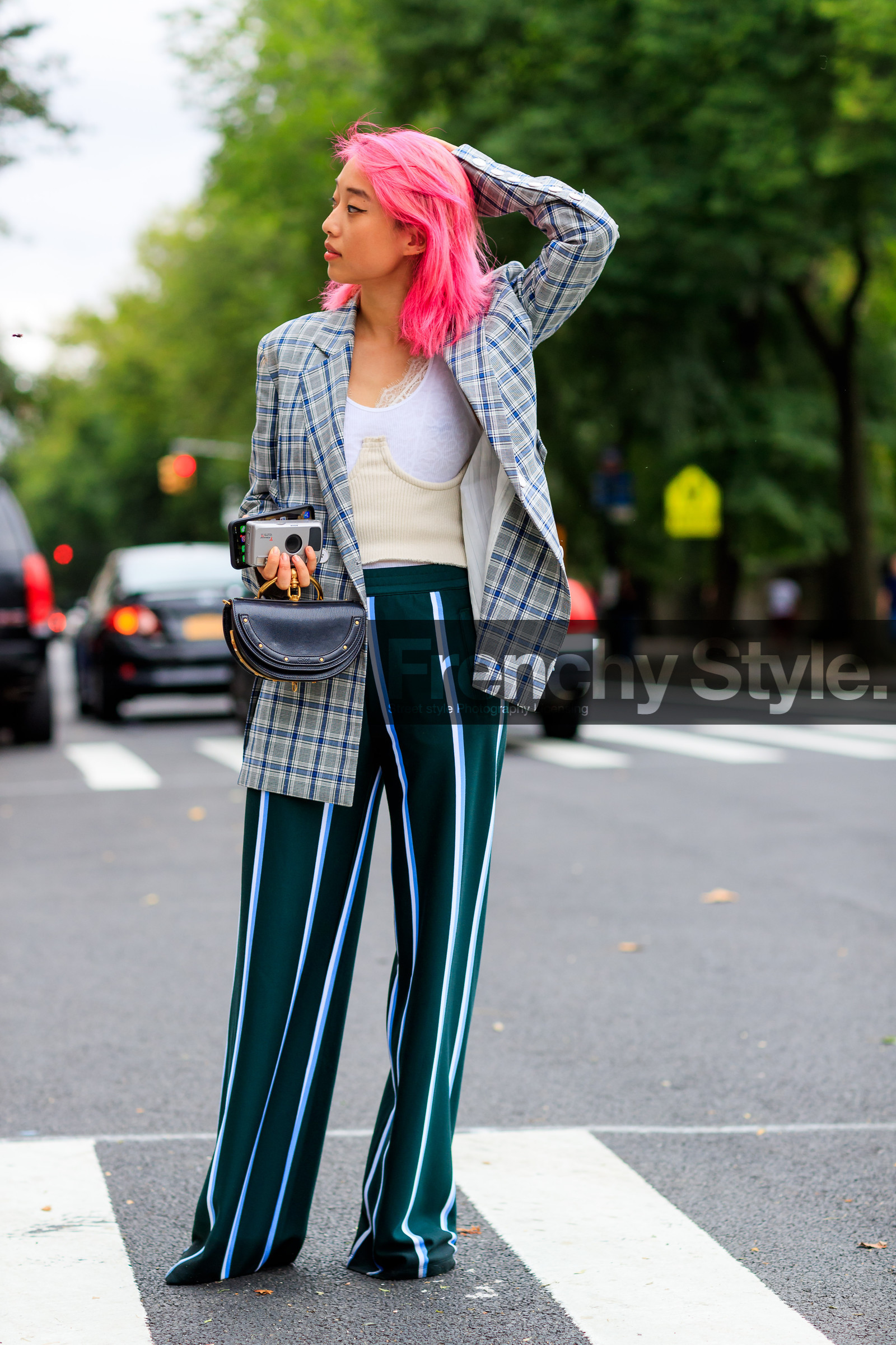 black bag, black pants, blazer, checked, chloé, dyed hair, graphic jacket, graphic pants, grey jacket, leather bag, pink hair, plaid, printed jacket, printed pants, striped pants, trousers, white top, fashion week, frenchystyle, FW, jonathan paciullo, street style, NYFW, NEW YORK, SPRING SUMMER 2019, SS 19, vertical, full length