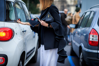 atmosphere details, AUTUMN WINTER 2016-2017, AW 16-17, black bag, black clutch, black jacket, black knit, black sweater, detail, FALL WINTER 2016-2017, fashion week, frenchystyle, FW, FW 16-17, geometric, graphic pants, horizontal, jonathan paciullo, leather bag, leather clutch, LFW, lisa aiken, LONDON, MENSWEAR, street style, striped pants, stripes, trousers, white pants