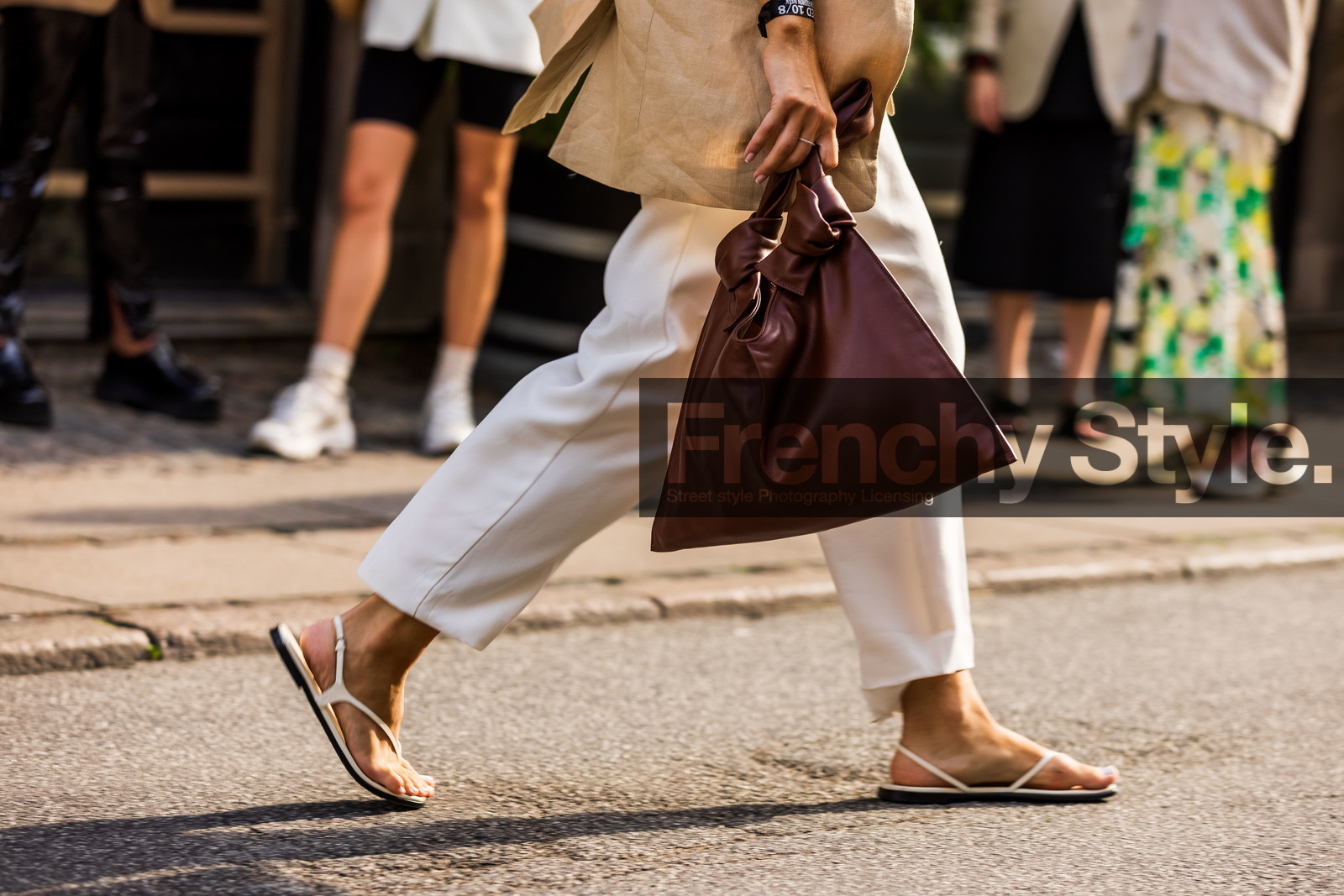 bag, brown bag, close up, detail, leather bag, leather sandals, pants, sandals, white pants, white sandals, fashion week, frenchystyle, FW, jonathan paciullo, street style, SPRING SUMMER 2022, SS 22, COPENHAGEN, CPHFW, atmosphere details, horizontal