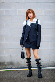 AUTUMN WINTER 2017-2018, AW 17-18, black bag, black boots, black jacket, black shoes, black skirt, blazer, FALL WINTER 2017-2018, fashion week, frenchystyle, full length, FW, FW 17-18, graphic jacket, high boots, jonathan paciullo, leather bag, leather shoes, MFW, MILAN, off the shoulder, ranger boots, street style, vertical, white shirt