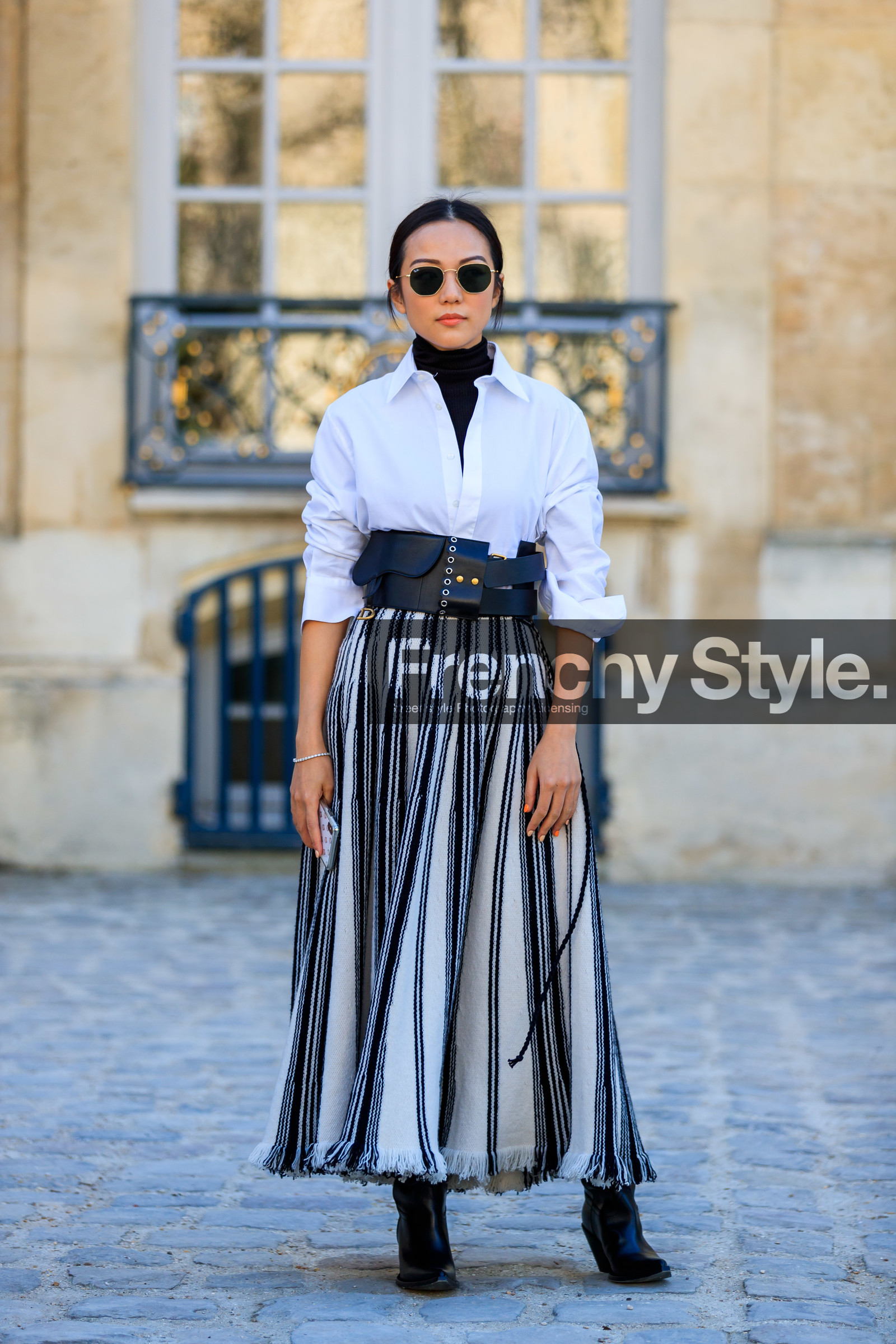 black and white, black bag, black belt, black shoes, black turtleneck, christian dior, graphic skirt, iphone, leather bag, leather belt, leather shoes, printed skirt, striped skirt, sunglasses, white shirt, white skirt, yoyo cao, fashion week, frenchystyle, FW, jonathan paciullo, street style, PFW, PARIS, AUTUMN WINTER 2019-2020, AW 19-20, FALL WINTER 2019-2020, FW 19-20, vertical, full length