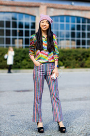 apple watch, AUTUMN WINTER 2017-2018, AW 17-18, black shoes, FALL WINTER 2017-2018, fashion week, frenchystyle, full length, FW, FW 17-18, glitter, graphic pants, high heels, jonathan paciullo, leather bag, leather shoes, MFW, MILAN, missoni, multicolor pants, multicolor shirt, pink beanie, printed pants, shiny shirt, street style, striped pants, trousers, vertical