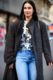 fiona zanetti, oversize coat, dark grey coat, silvered top, mirror top, embroidered top, polka dots top, light blue jeans, paco rabanne top, PARIS, PFW, fashion week, frenchystyle, FW, jonathan paciullo, street style, SPRING SUMMER 2021, SS 21, vertical, atmosphere details, detail