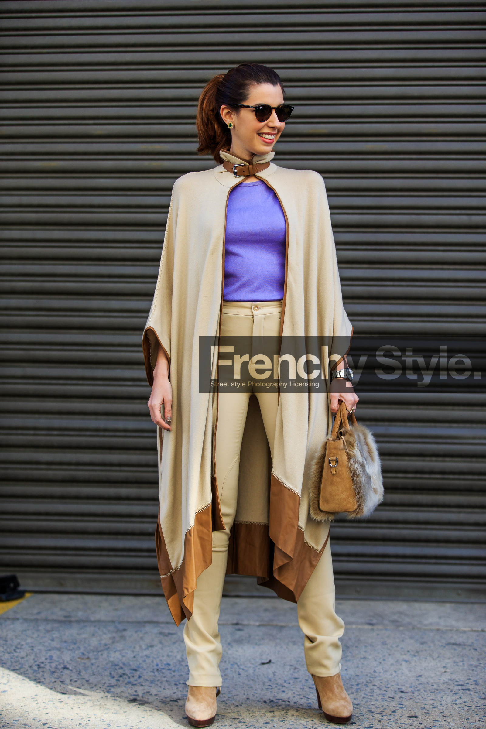 AUTUMN WINTER 2016-2017, AW 16-17, beige boots, beige jacket, beige pants, brown bag, cape, fashion week, frenchystyle, full length, fur bag, FW, FW 16-17, high heels, jonathan paciullo, NEW YORK, NYFW, purple top, ray ban, street style, suede shoes, sunglasses, vertical, woman