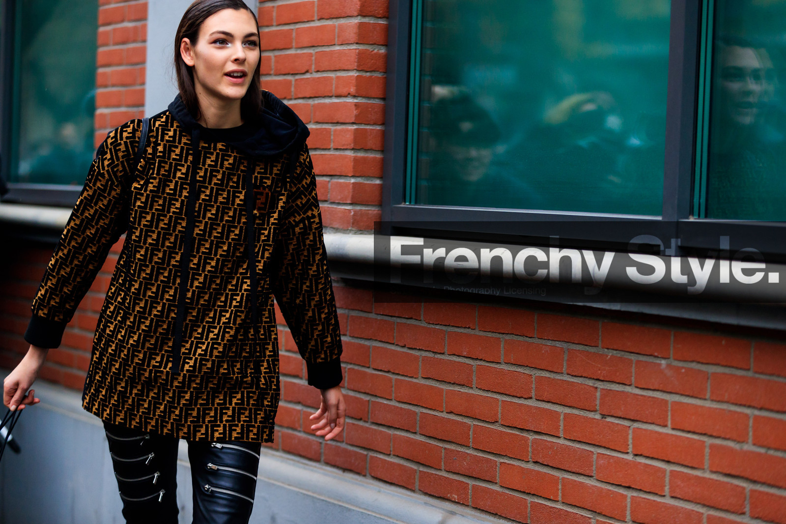 black pants, fendi, hoodie, leather pants, monogram, printed sweater, trousers, zip, fashion week, frenchystyle, FW, jonathan paciullo, street style, MFW, MILAN, AUTUMN WINTER 2018-2019, FALL WINTER 2018-2019, FW 18-19, horizontal, atmosphere details, model, vittoria cerretti