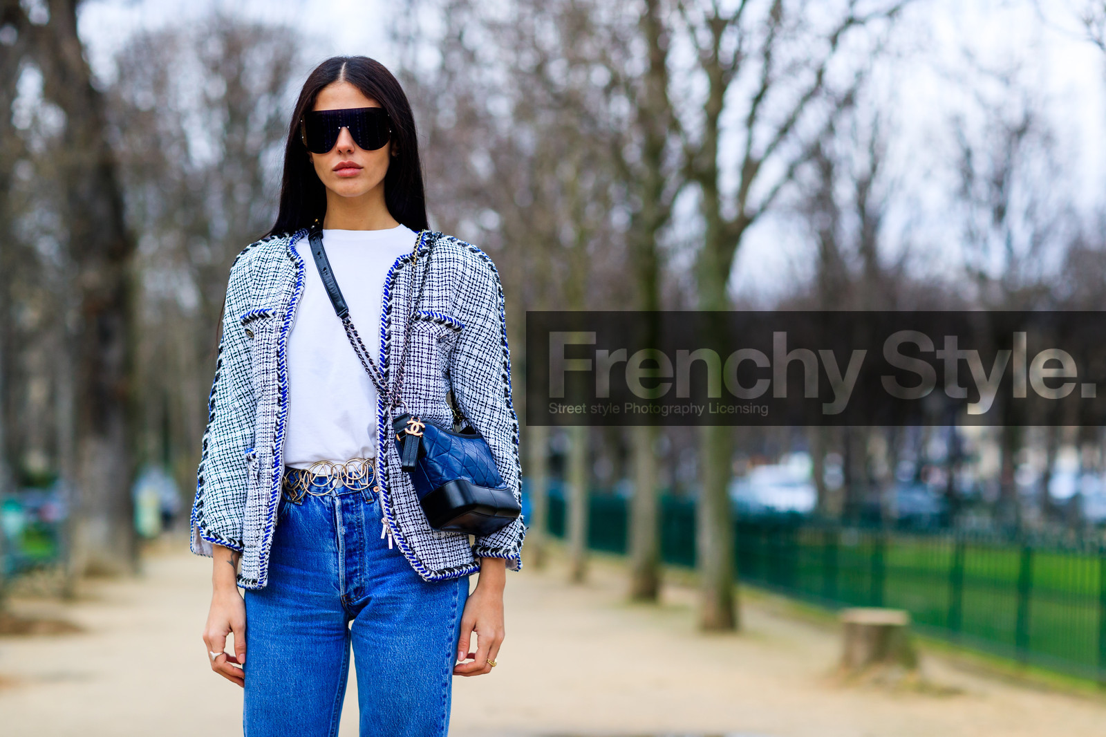 atmosphere details, AUTUMN WINTER 2017-2018, AW 17-18, black bag, blazer, blue denim, chanel, checked jacket, denim pants, detail, FALL WINTER 2017-2018, fashion week, frenchystyle, FW, FW 17-18, gilda ambrosio, graphic jacket, horizontal, jeans, jonathan paciullo, leather bag, PARIS, PFW, plaid, printed jacket, purple jacket, street style, sunglasses, tartan, trousers, tweed jacket, white t shirt