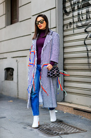 AUTUMN WINTER 2017-2018, AW 17-18, black bag, blue denim, denim pants, embroidered coat, FALL WINTER 2017-2018, fashion week, frenchystyle, full length, FW, FW 17-18, graphic bag, graphic coat, high heels, jeans, jonathan paciullo, leather bag, leather shoes, louis vuitton, MFW, MILAN, printed bag, printed coat, purple sweater, street style, striped bag, sunglasses, trousers, tweed coat, vertical, white boots