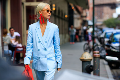 atmosphere details, balenciaga, blazer, blue jacket, blue pants, blue suit, detail, earrings, fashion week, frenchystyle, FW, horizontal, jonathan paciullo, leather bag, NEW YORK, NYFW, red bag, SPRING SUMMER 2018, SS 18, street style, sunglasses, trousers, vanessa hong