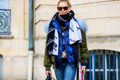 balenciaga, black scarf, blue denim, blue jacket, bomber jacket, denim pants, down jacket, green jacket, jeans, sunglasses, trousers, white scarf, fashion week, frenchystyle, FW, jonathan paciullo, street style, PFW, PARIS, AUTUMN WINTER 2018-2019, FALL WINTER 2018-2019, FW 18-19, horizontal, atmosphere details