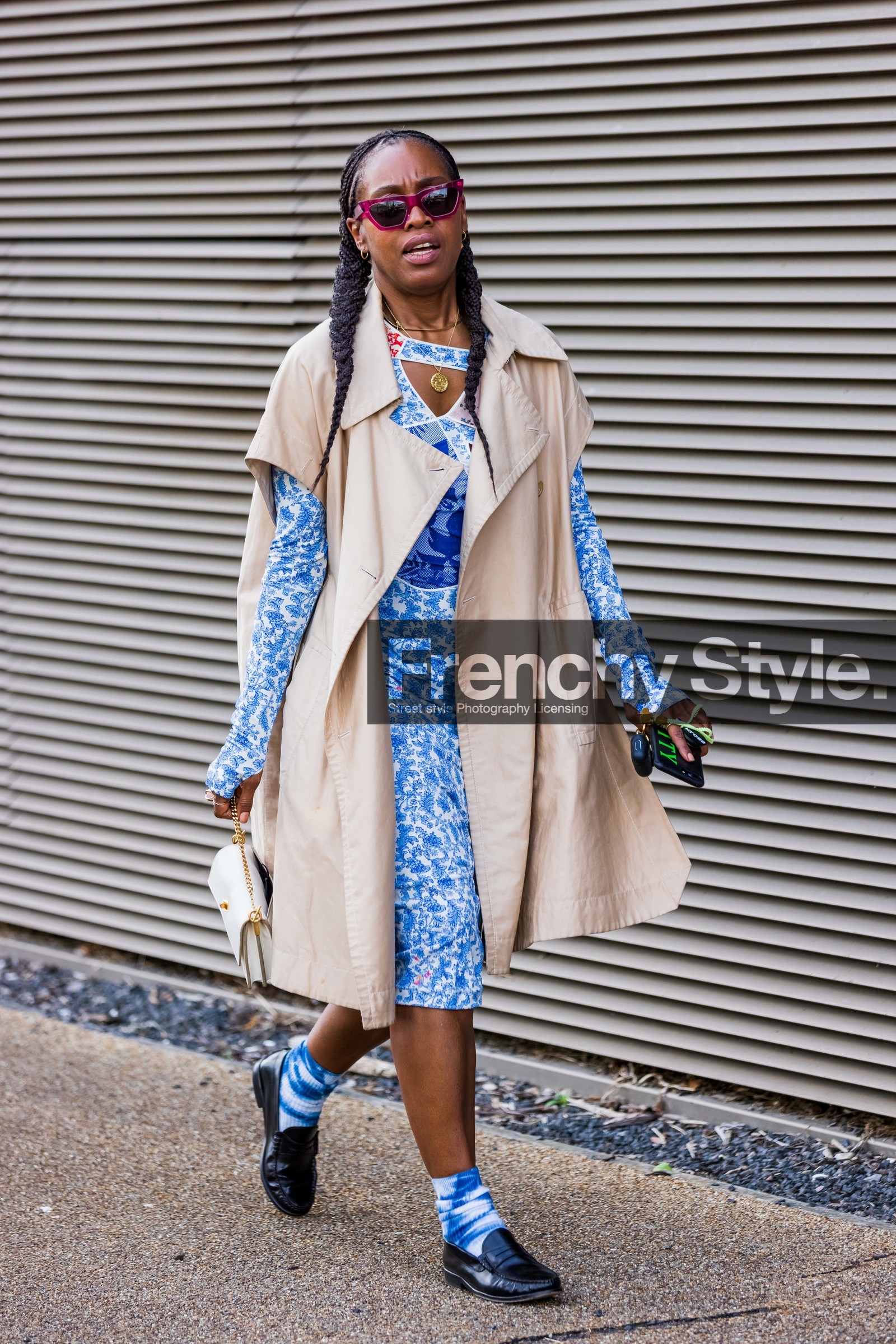 coat, flower dress, pattern, mocassins, handbag, small bag, sunglasses, fashion week, frenchystyle, FW, jonathan paciullo, street style, SPRING SUMMER 2022, SS 22, LFW, LONDON, vertical, full length