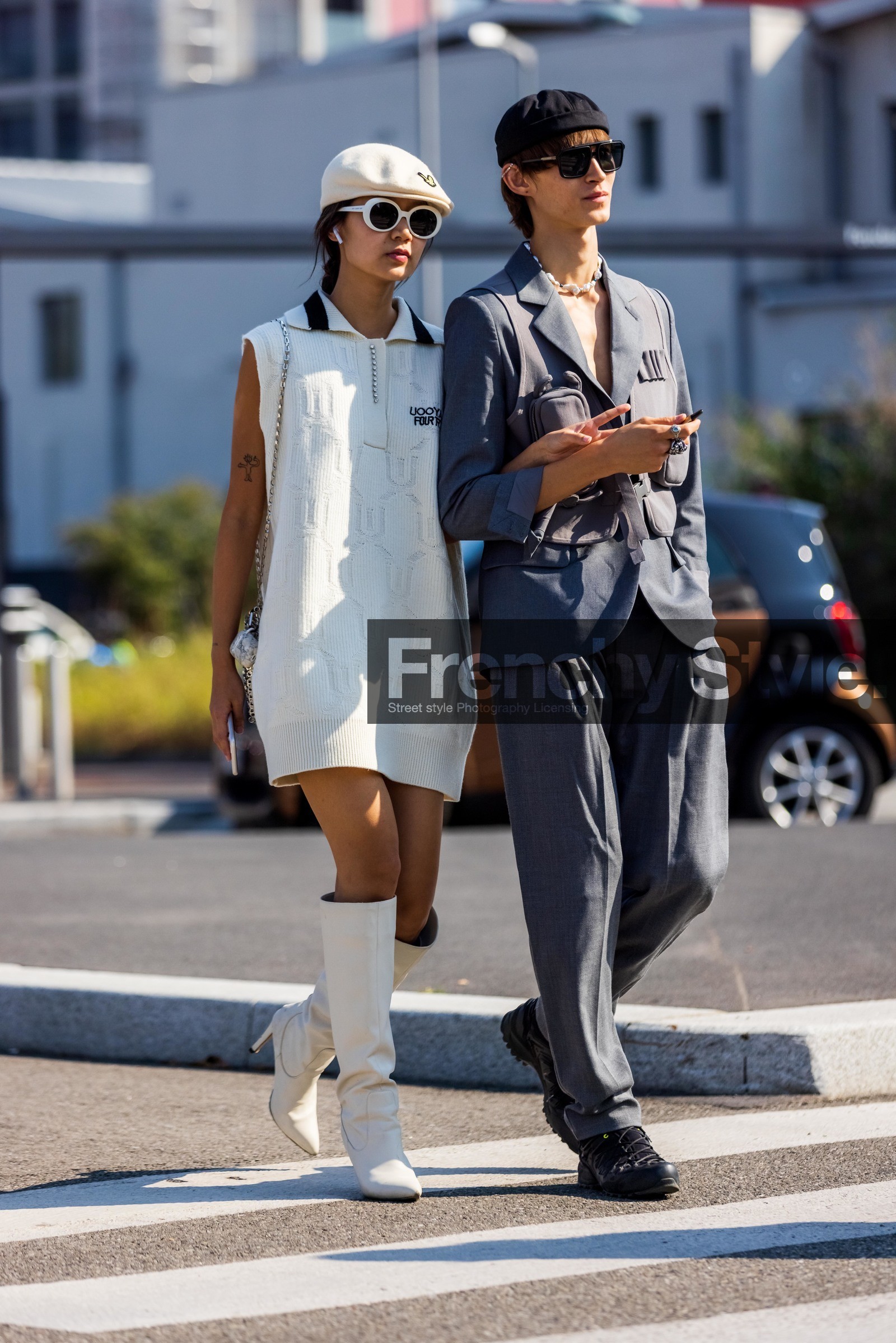 black sneakers, black sunglasses, cap, couple, dress, duo, grey jacket, grey monochrome, grey pants, knit, leather boots, menswear, pearl necklace, polo dress, prada jacket, ribbed dress, sunglasses, white boots, white cap, white monochrome, white sunglasses, wool dress, fashion week, frenchystyle, FW, jonathan paciullo, street style, SPRING SUMMER 2022, SS 22, MFW, MILAN, vertical, full length