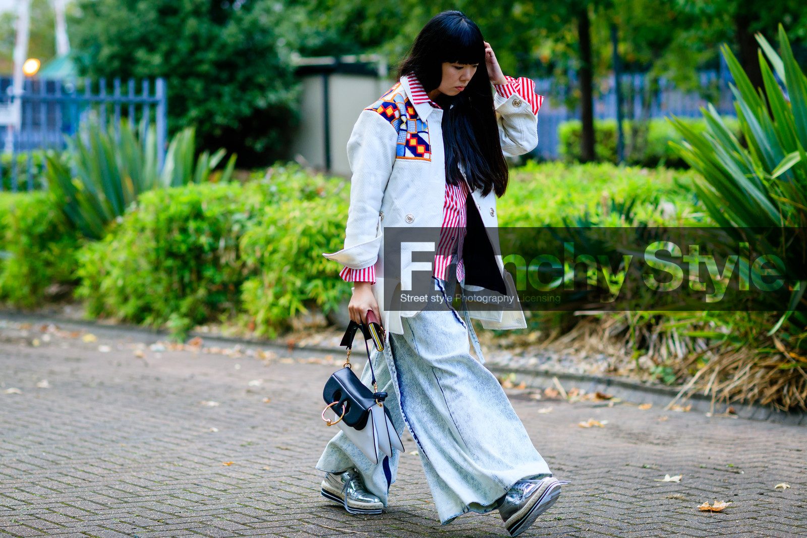 atmosphere details, beige jacket, black and white bag, blue denim, denim pants, embroidered jacket, fashion week, frenchystyle, full length, FW, horizontal, jeans, jonathan paciullo, jw anderson, leather bag, leather shoes, LFW, LONDON, patchwork, red shirt, shiny shoes, silver shoes, SPRING SUMMER 2017, SS 17, street style, striped shirt, susie lau, trousers, woman