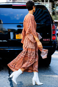 bulgari, fashion week, frenchystyle, full length, FW, high heels, jonathan paciullo, leather shoes, NEW YORK, nude dress, NYFW, printed dress, SPRING SUMMER 2018, SS 18, street style, vertical, watch, white boots