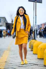 AUTUMN WINTER 2016-2017, AW 16-17, black scarf, FALL WINTER 2016-2017, fashion week, frenchystyle, full length, FW, FW 16-17, gold slippers, graphic bag, graphic clutch, jonathan paciullo, leather bag, leather clutch, leather jacket, leather perfecto, leather shoes, leather skirt, leather slippers, LFW, loafers, LONDON, MENSWEAR, shiny slippers, street style, sunglasses, tucked in, vertical, white shirt, yellow jacket, yellow skirt, yuwei zhangzou