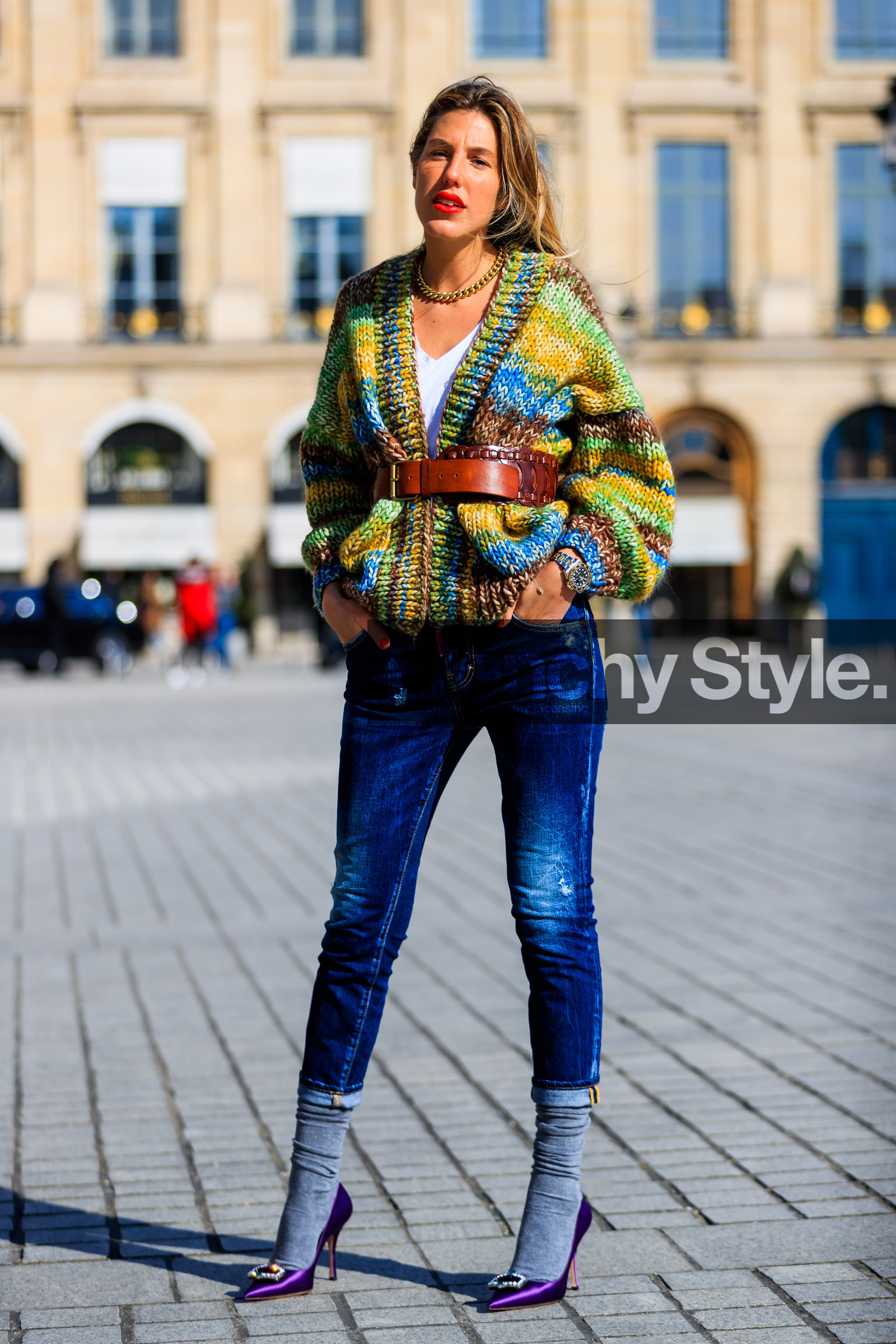 blue denim, brown belt, denim pants, grey socks, high heels, high socks, jeans, leather belt, leather shoes, multicolor sweater, necklace, purple shoes, red lips, trousers, street style, jonathan paciullo, FW, frenchystyle, fashion week, PFW, PARIS, AUTUMN WINTER 2018-2019, FALL WINTER 2018-2019, FW 18-19, vertical, full length