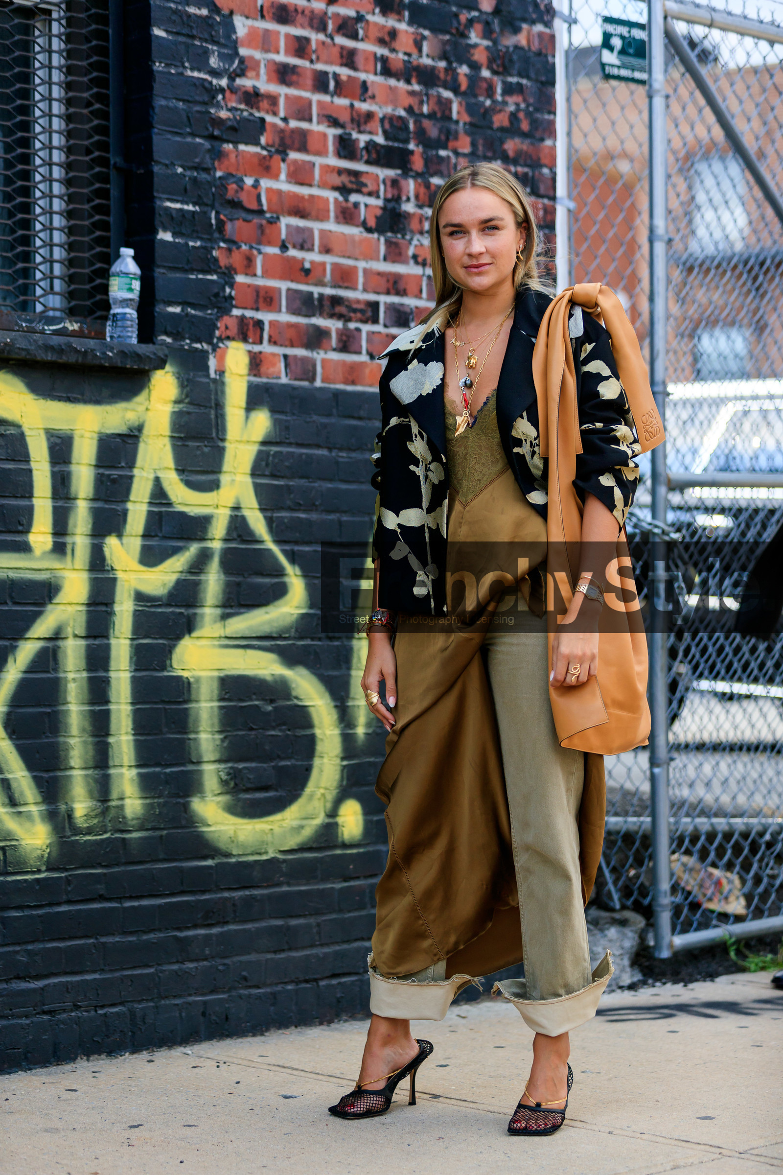 black jacket, black shoes, bottega veneta, bronze, brown dress, camel bag, denim pants, fishnet, floral, flowers, graphic jacket, green pants, high heels, jeans, leather bag, leather shoes, loewe, necklace, nina suess, printed jacket, silk dress, tote bag, trousers, street style, jonathan paciullo, FW, frenchystyle, fashion week, NEW YORK, NYFW, SPRING SUMMER 2020, SS 20, vertical, full length