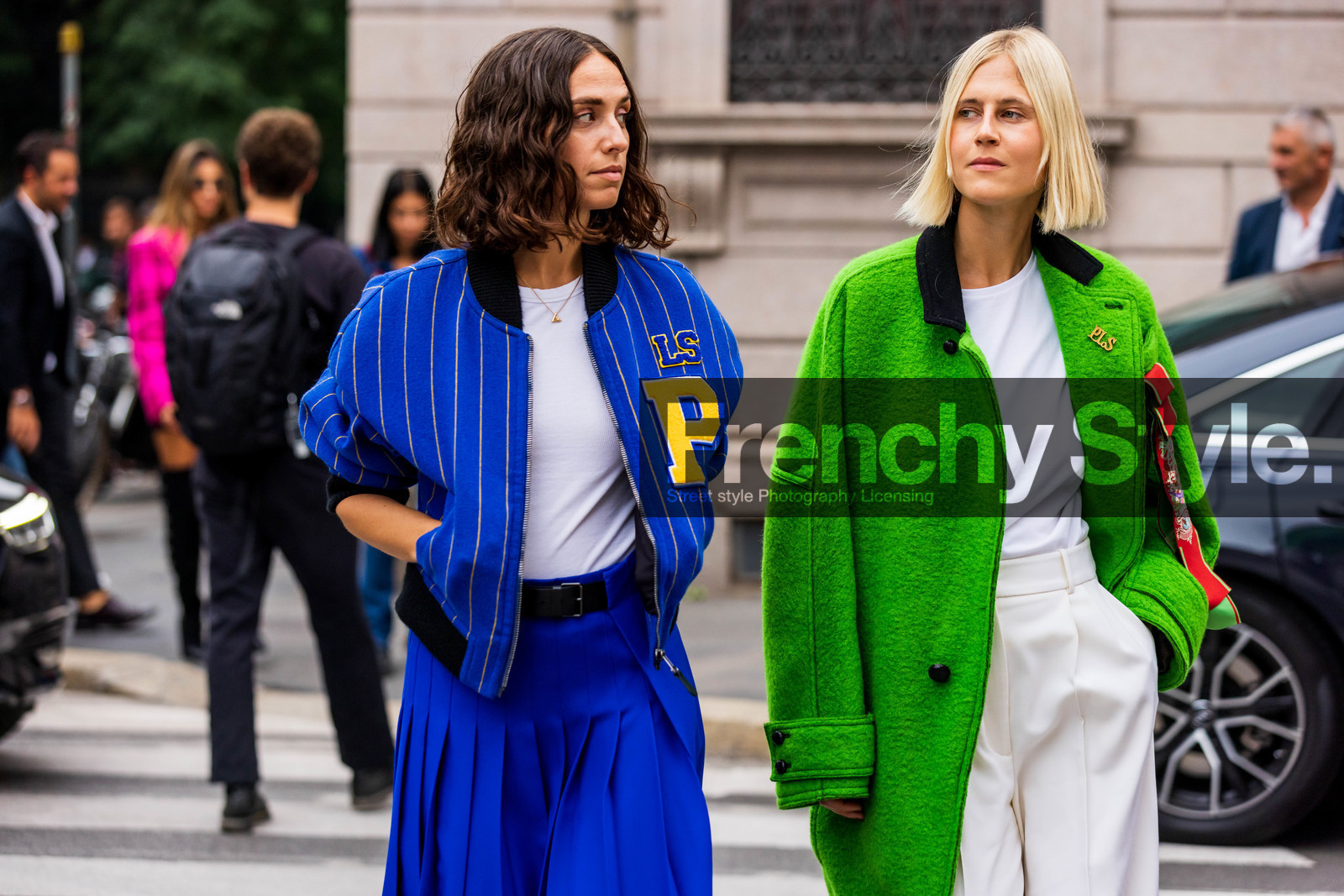 belt, black belt, blue bomber, blue skirt, bomber, coat, color, electric blue, Erika Boldrin, fluid pants, fluo color, fluo green, green coat, Linda Tol, pants, philosophy look, pleated skirt, skirt, striped bomber, stripes, white pants, white t-shirt, fashion week, frenchystyle, FW, jonathan paciullo, street style, SPRING SUMMER 2022, SS 22, MFW, MILAN, atmosphere details, horizontal