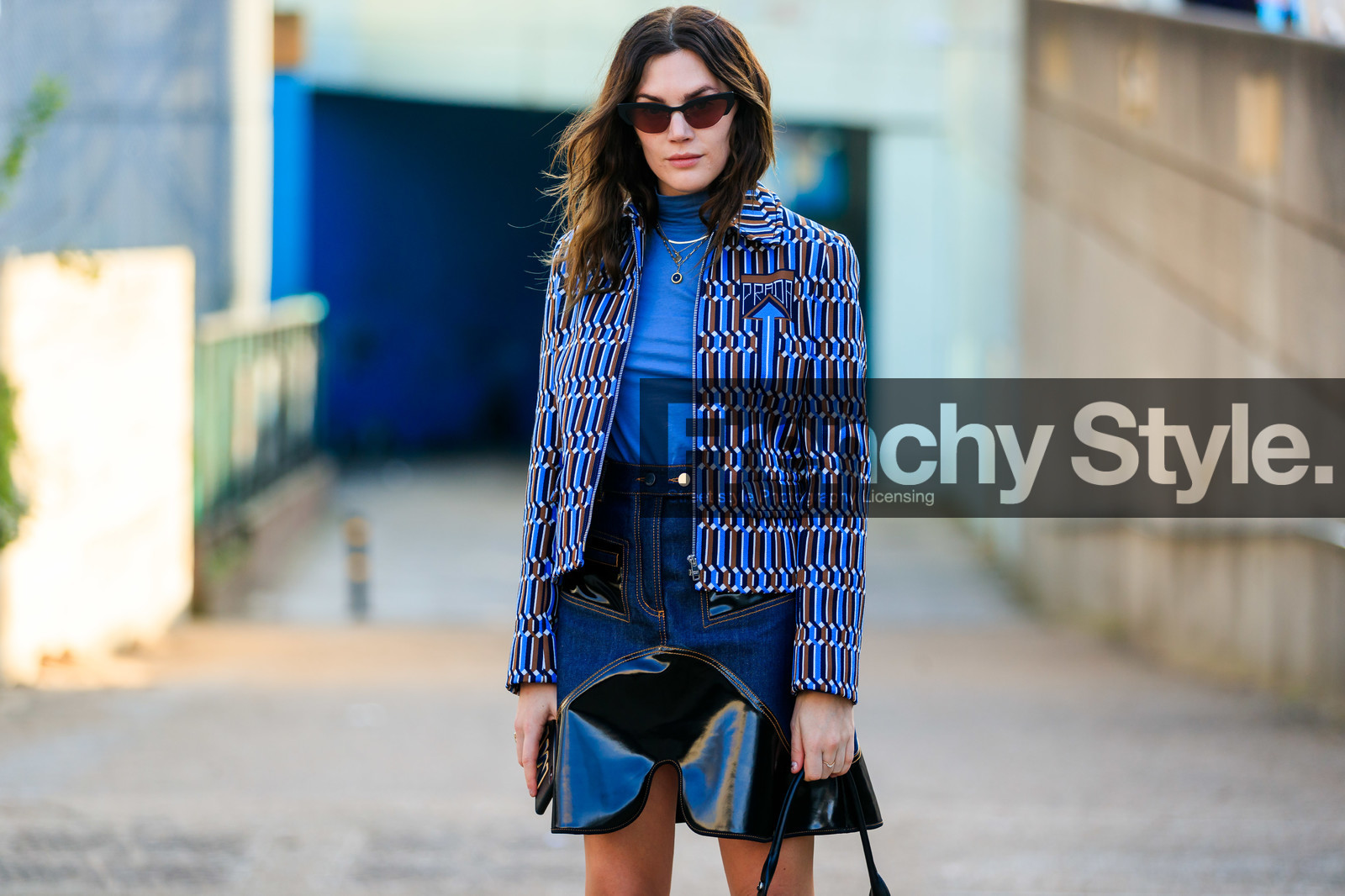 black skirt, blue denim, blue jacket, blue sweater, denim skirt, graphic jacket, leather skirt, madelynn furlong, prada, printed jacket, sunglasses, turtleneck sweater, LONDON, LFW, fashion week, frenchystyle, FW, jonathan paciullo, street style, AUTUMN WINTER 2019-2020, AW 19-20, FW 19-20, FALL WINTER 2019-2020, horizontal, atmosphere details, detail