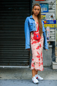 blue denim, denim jacket, fashion week, floral, flowers, frenchystyle, full length, FW, graphic dress, jonathan paciullo, leather bag, leather shoes, NEW YORK, nike, NYFW, printed dress, red bag, red dress, SPRING SUMMER 2018, SS 18, street style, vertical
