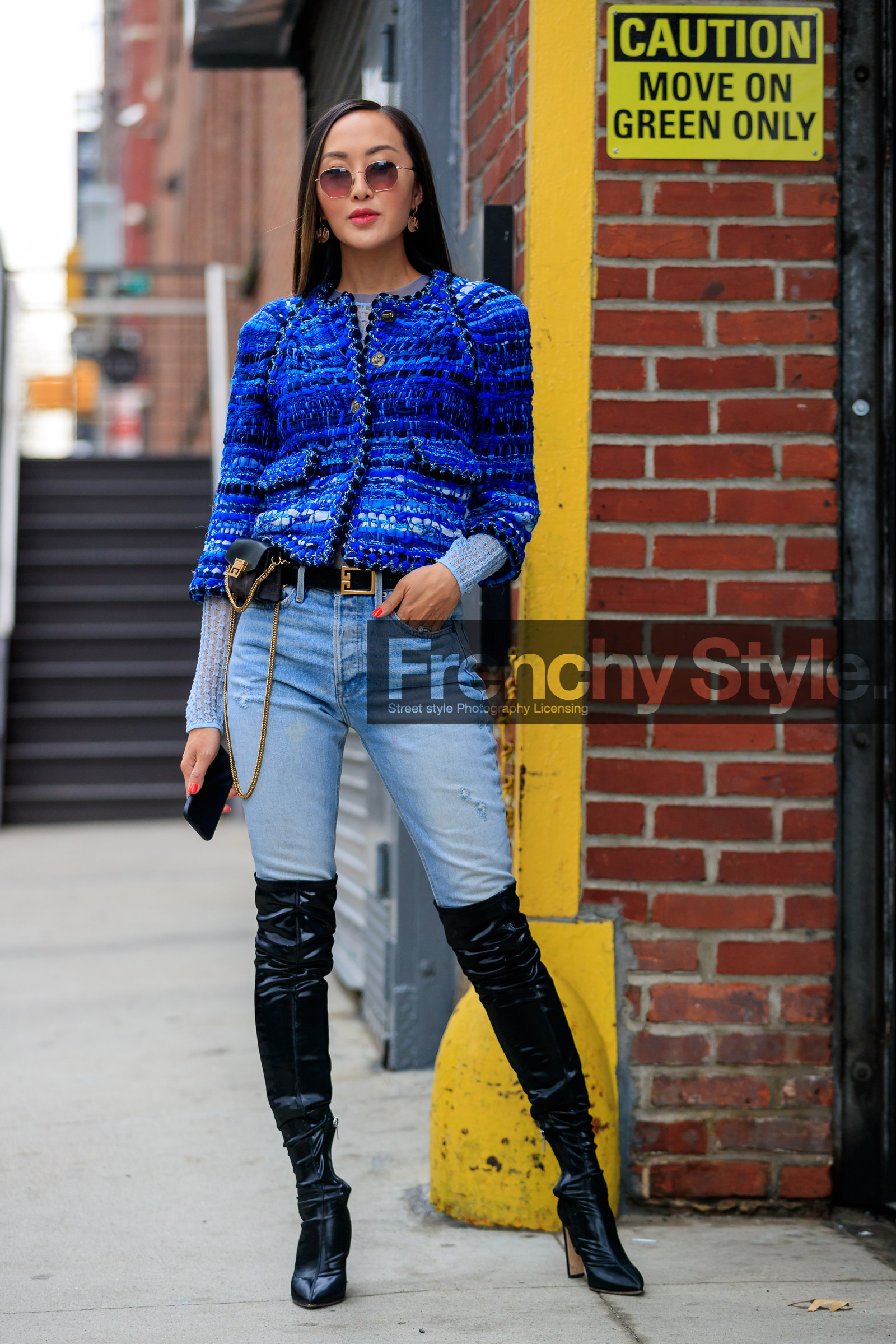 black bag, black shoes, blue denim, blue jacket, denim pants, earrings, fanny pack, high boots, high heels, jeans, leather bag, leather shoes, mini bag, sunglasses, trousers, tweed jacket, street style, jonathan paciullo, FW, frenchystyle, fashion week, NYFW, NEW YORK, AUTUMN WINTER 2018-2019, AW 18-19, FALL WINTER 2018-2019, FW 18-19, vertical, full length, Chriselle Lim