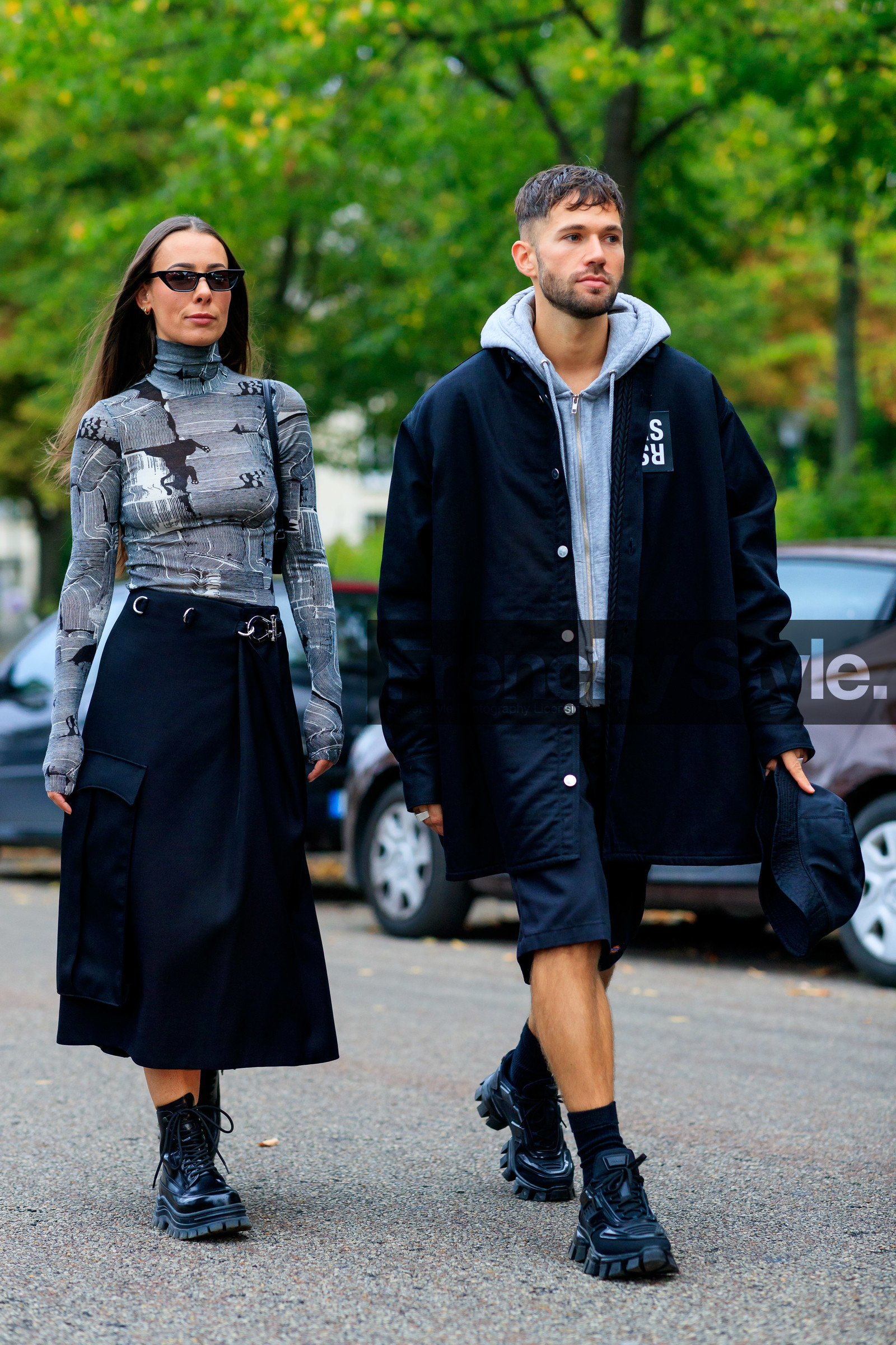 alice & j.s, alice barbier, JS roques, prada sneakers, black sneackers, black boots, black skirt, black sunglasses, black top, laced boots, mid long skirt, printed top, striped top, turtleneck top, tight top, fashion week, frenchystyle, FW, jonathan paciullo, street style, SPRING SUMMER 2020, SS 20, PFW, PARIS, vertical, full length