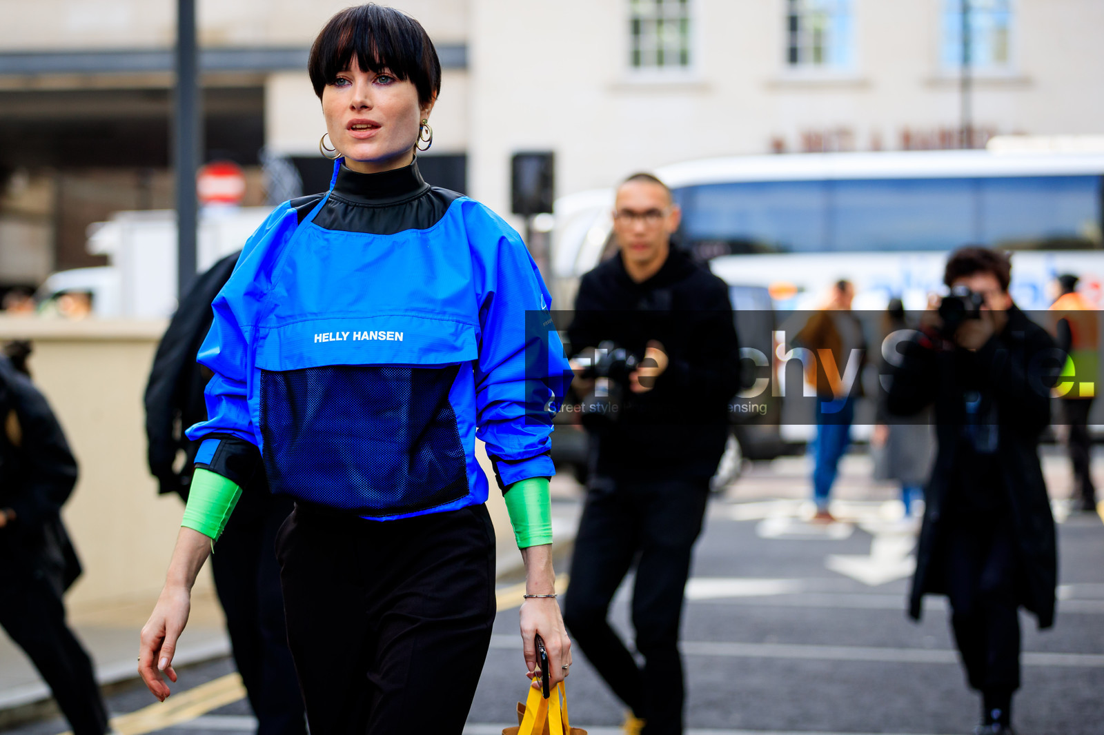 atmosphere details, AUTUMN WINTER 2017-2018, AW 17-18, black pants, blue jacket, detail, FALL WINTER 2017-2018, fashion week, frenchystyle, FW, FW 17-18, horizontal, jonathan paciullo, julia hobbs, LFW, LONDON, printed jacket, street style, trousers