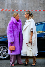 chanel handbag, emili sindlev, Fur coat, leather bag, leather shoes, pink bag, purple coat, purple fur, purple pants, salmon, trousers, black shoes, brown pants, high heels, leather bag, leather shoes, necklace, nina suess, sunglasses, white bag, white coat, white dress, MILAN, MFW, fashion week, frenchystyle, FW, jonathan paciullo, street style, AUTUMN WINTER 2019-2020, AW 19-20, FALL WINTER 2019-2020, FW 19-20, vertical, full length
