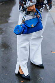 jen wonders, chanel bag, chanel jacket, blue leather bag, quilted bag, hand bag, round shape bag, mini bag, white leather pants, animal skin pants, brown jacket, checked jacket, tweed jacket, woolen jacket, embroidered jacket, chain strap bag, chanel total look, PARIS, PFW, SPRING SUMMER 2020, SS 20, fashion week, frenchystyle, FW, jonathan paciullo, street style, vertical, atmosphere details, detail