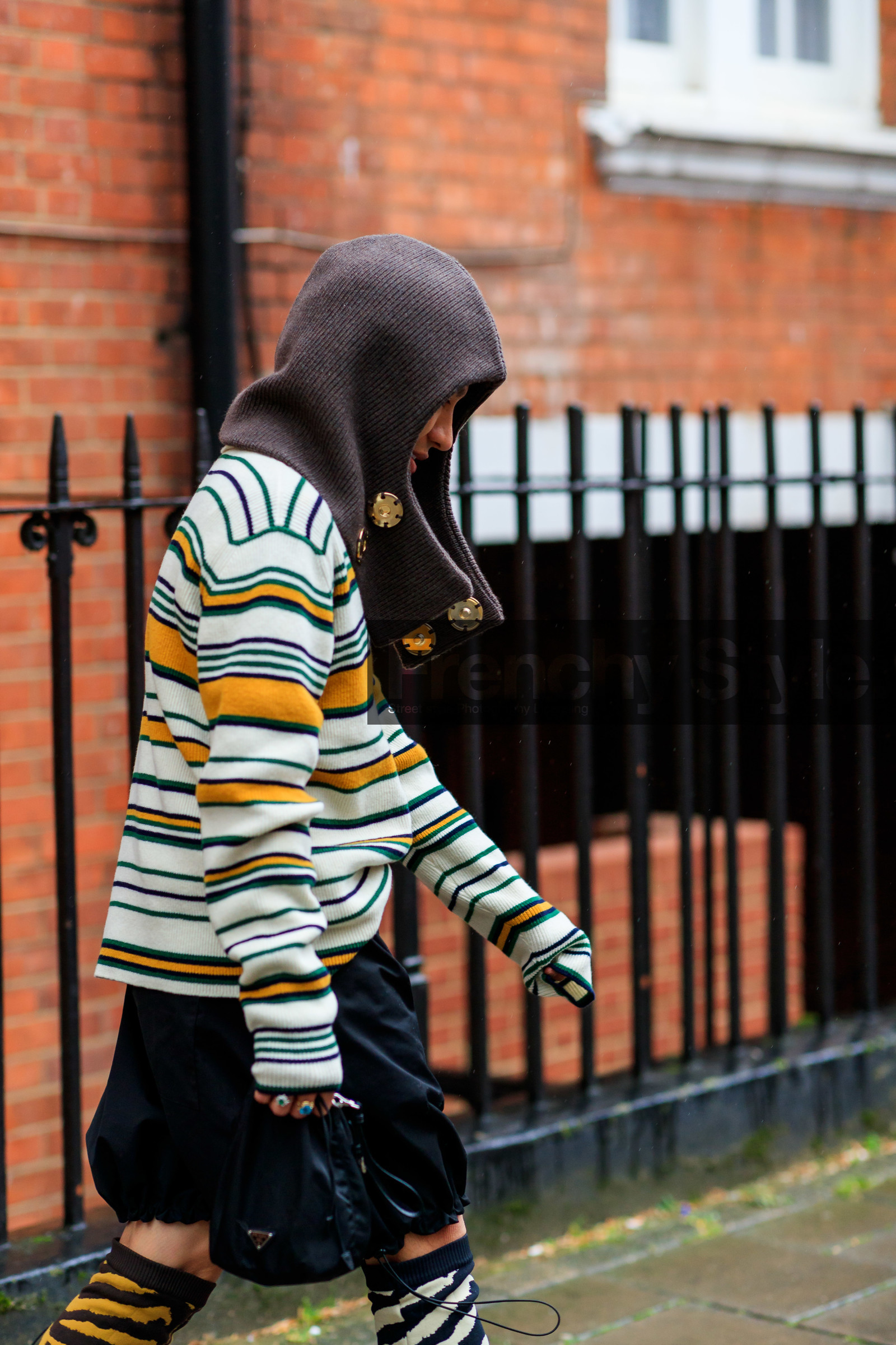 animal print, black bag, black shorts, brian boy, brown hat, graphic sweater, high socks, leather bag, prada, printed sweater, striped sweater, white socks, white sweater, yellow socks, zebra, LONDON, LFW, fashion week, frenchystyle, FW, jonathan paciullo, street style, AUTUMN WINTER 2019-2020, AW 19-20, FW 19-20, FALL WINTER 2019-2020, vertical, atmosphere details, detail