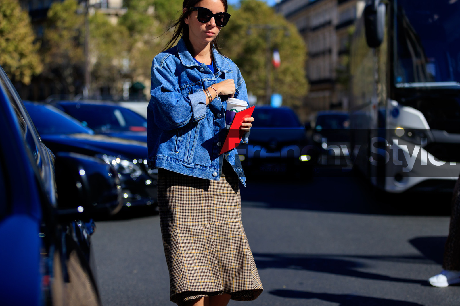atmosphere details, balenciaga, blue denim, brown skirt, checked skirt, denim jacket, detail, fashion week, frenchystyle, FW, horizontal, jonathan paciullo, natasha goldenberg, PARIS, PFW, plaid, printed skirt, SPRING SUMMER 2017, SS 17, street style, striped skirt, sunglasses, tartan