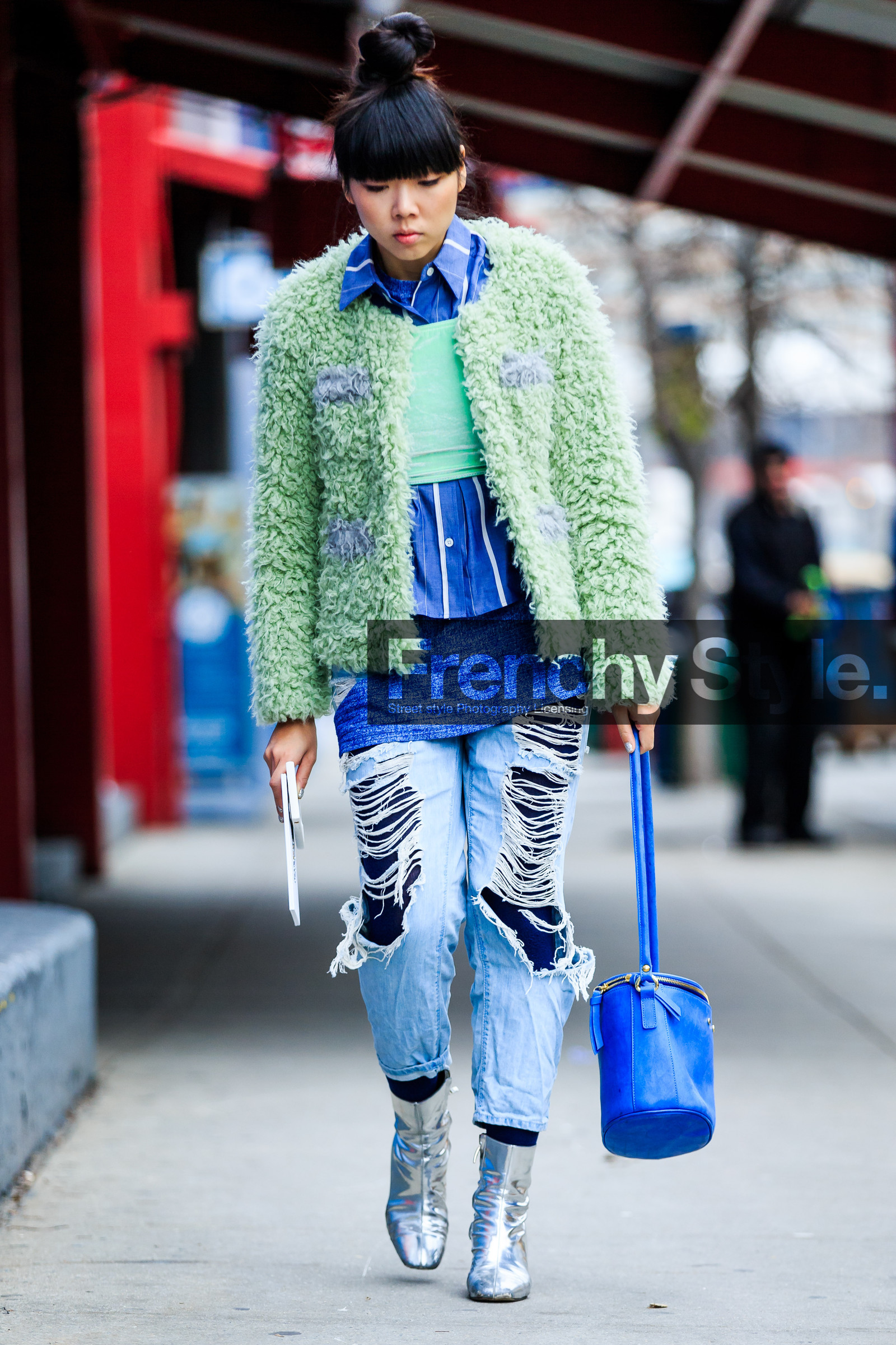 AUTUMN WINTER 2016-2017, AW 16-17, blue bag, blue denim, blue shirt, denim pants, fashion week, frenchystyle, full length, fur jacket, FW, FW 16-17, glitter, green fur, green jacket, high heels, jeans, jonathan paciullo, leather bag, leather boots, NEW YORK, NYFW, ripped pants, shiny boots, silver heels, silver shoes, street style, striped shirt, susie lau, trousers, vertical, woman