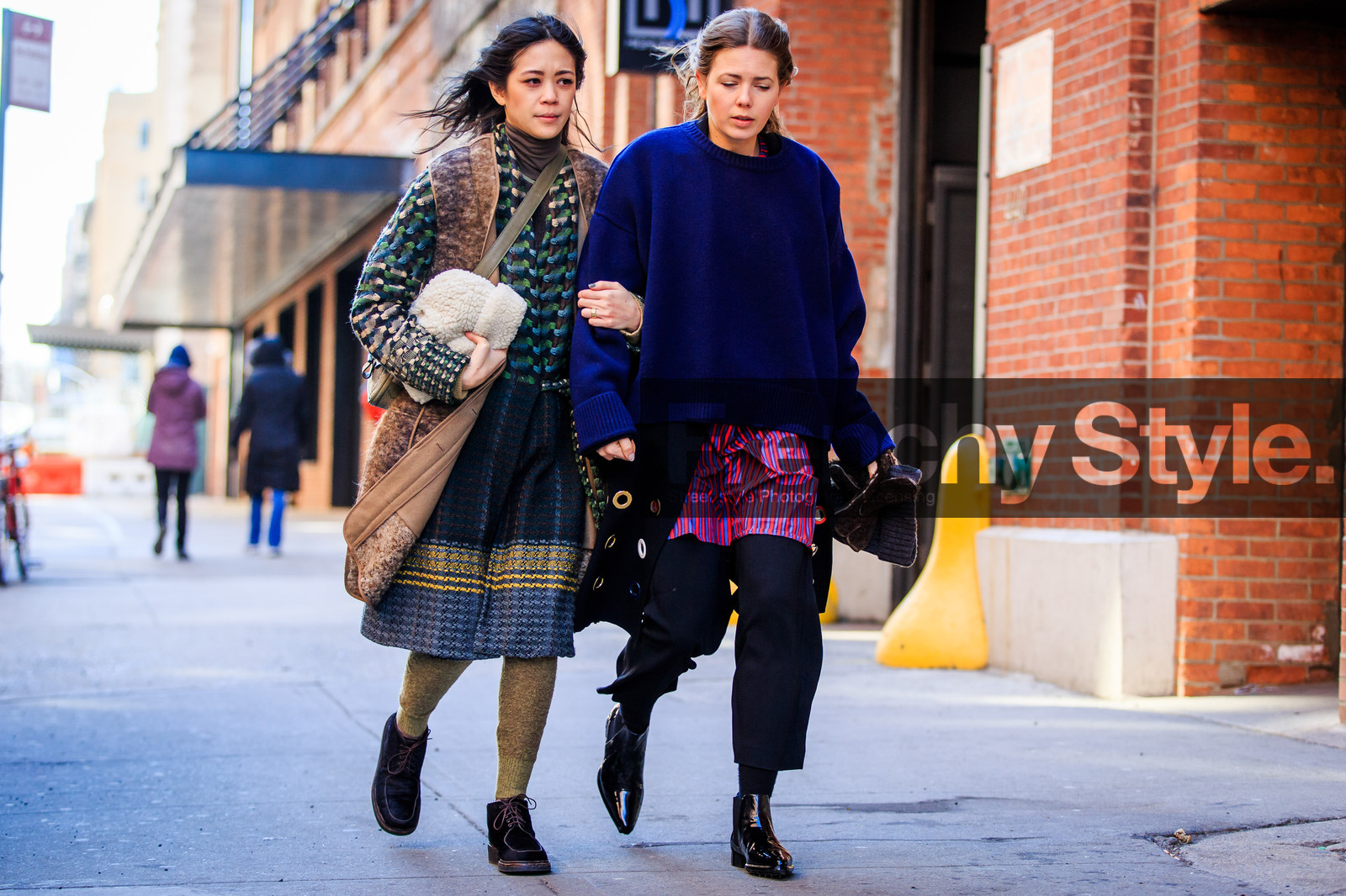 atmosphere details, AUTUMN WINTER 2016-2017, AW 16-17, black boots, black pants, blue sweater, brown jacket, embroidered dress, fashion week, frenchystyle, full length, FW, FW 16-17, green dress, group of people, horizontal, jonathan paciullo, leather boots, megan bowman grey, navy sweater, NEW YORK, NYFW, patty lu, sheep fur, street style, striped shirt, varnished leather shoes, vest, white beanie, white fur, woman, wool dress