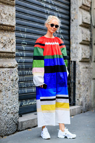 AUTUMN WINTER 2017-2018, AW 17-18, FALL WINTER 2017-2018, fashion week, frenchystyle, full length, FW, FW 17-18, geometric, graphic dress, jonathan paciullo, leather shoes, long dress, MFW, MILAN, multicolor dress, olga karput, patchwork, printed dress, street style, striped dress, sunglasses, trousers, vertical, white sneakers