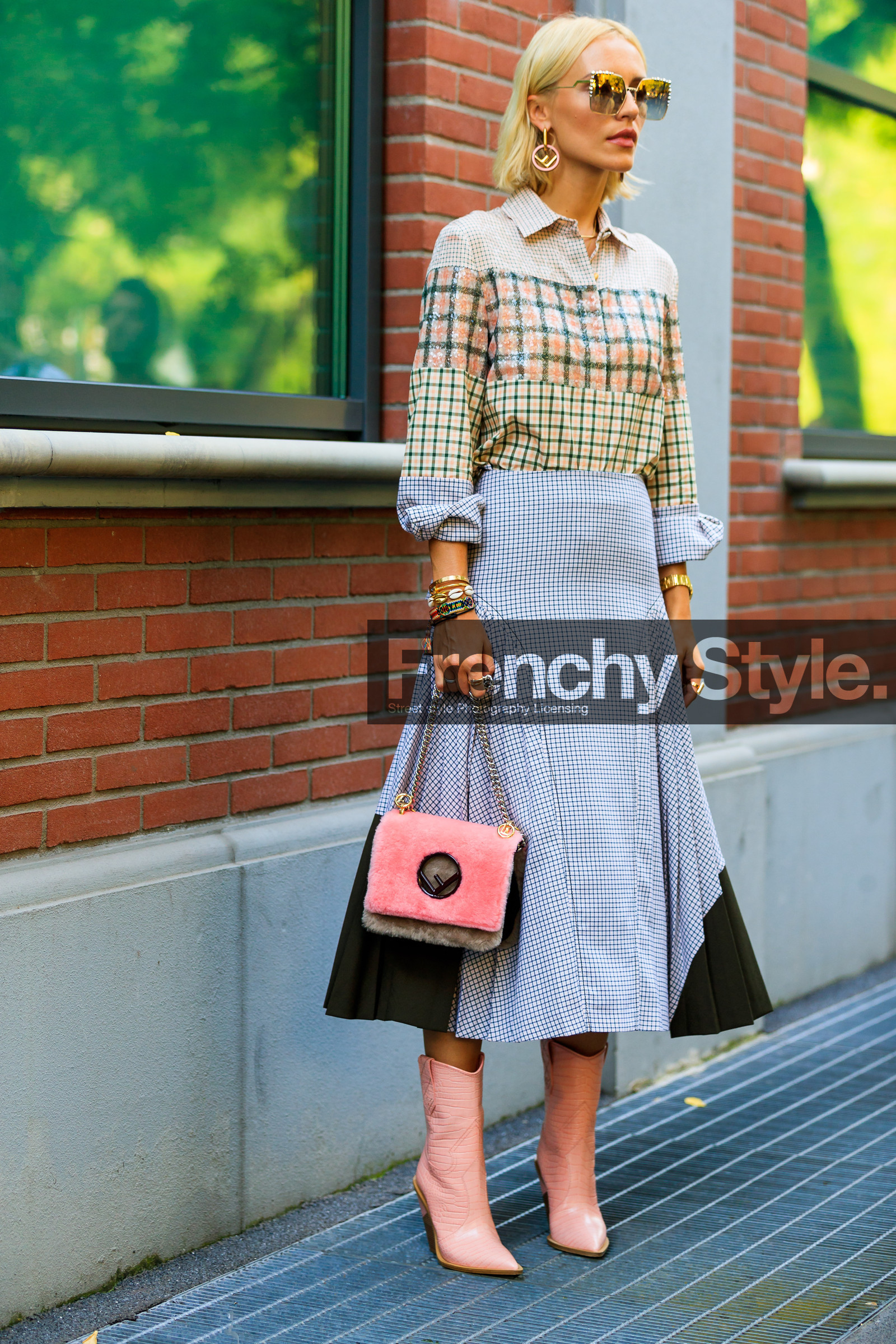 bracelet, checked, earrings, fendi, graphic shirt, grey skirt, high heels, leather bag, leather shoes, pink bag, pink boots, pink shirt, plaid, pleated skirt, printed shirt, sequined shirt, sunglasses, tucked in, viktoria rader, street style, jonathan paciullo, FW, frenchystyle, fashion week, MFW, MILAN, SPRING SUMMER 2019, SS 19, vertical, full length
