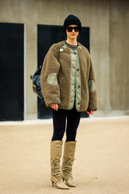 black beanie, chanel, black sunglasses, kaki coat, furry coat, fluffy coat, chanel bag, leather bag, logo bag, black leggings, kaki boots, heeled boots, model, fashion week, frenchystyle, FW, jonathan paciullo, street style, PARIS, PFW, SPRING SUMMER 2022, SS 22, full length, vertical