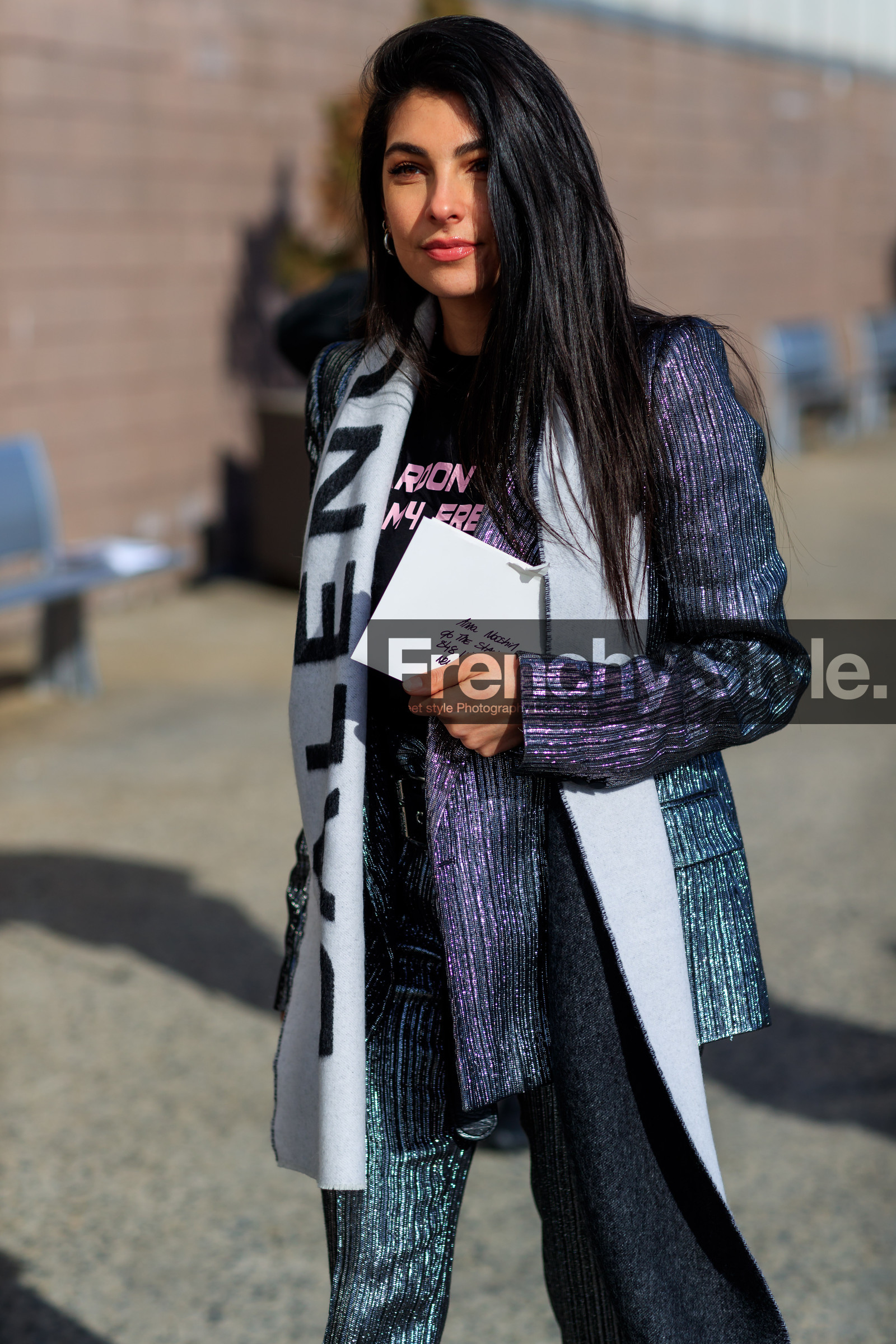 balenciaga, black t shirt, graphic jacket, graphic pants, printed jacket, printed pants, printed t shirt, shiny jacket, shiny pants, trousers, white scarf, street style, jonathan paciullo, FW, frenchystyle, fashion week, NYFW, NEW YORK, AUTUMN WINTER 2018-2019, AW 18-19, FALL WINTER 2018-2019, FW 18-19, vertical, atmosphere details, detail, anna nooshin