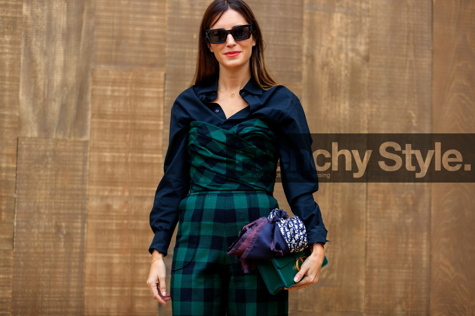 gala gonzalez, black sunglasses, square shape glasses, black shirt, black top, black pants, green top, green pants, checked pants, checked top, balloon sleeves, strapless top, silk scarf, monogrammed scarf, blue scarf, green leather bag, 30 montaigne bag, drape top, dior bag, dior pants, dior shirt, dior top, dior total look, fashion week, frenchystyle, FW, jonathan paciullo, street style, SPRING SUMMER 2020, SS 20, PFW, PARIS, horizontal, atmosphere details, detail