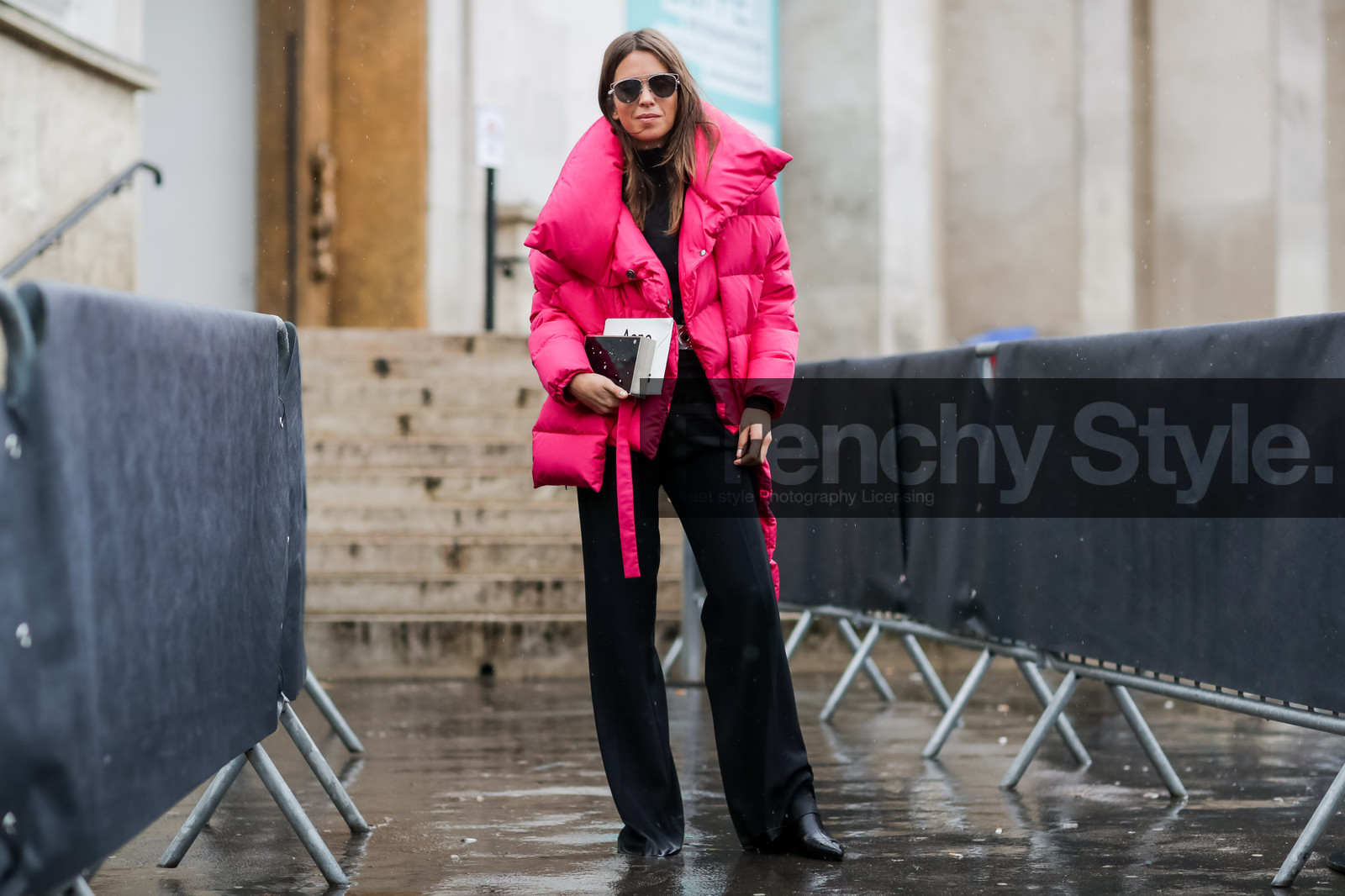 atmosphere details, AUTUMN WINTER 2017-2018, AW 17-18, balenciaga, black pants, black shoes, carola bernard, down jacket, FALL WINTER 2017-2018, fashion week, frenchystyle, full length, FW, FW 17-18, horizontal, jonathan paciullo, leather shoes, PARIS, PFW, pink jacket, street style, sunglasses, trousers