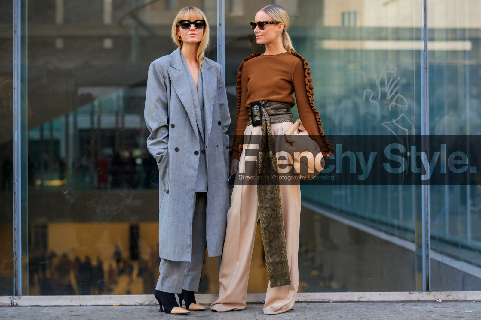 animal print, beige bag, beige pants, black shoes, brown belt, brown sweater, céline, green belt, grey coat, grey jacket, grey pants, grey suit, high heels, jeanette madsen, leather bag, leather belt, leather shoes, maison martin margiela, ruffles, snake print, sunglasses, thora valdimars, trousers, MILAN, MFW, fashion week, frenchystyle, FW, jonathan paciullo, street style, AUTUMN WINTER 2019-2020, AW 19-20, FALL WINTER 2019-2020, FW 19-20, atmosphere details, full length, horizontal