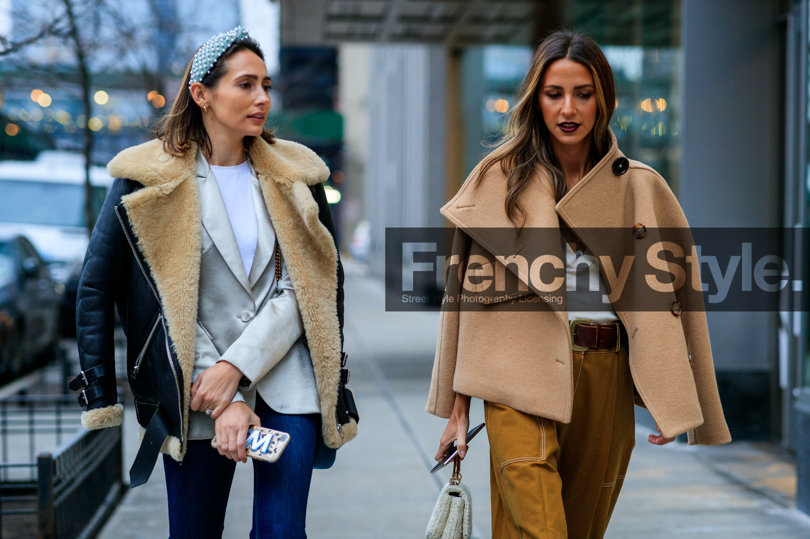 black jacket, blazer, blue denim, brown belt, camel jacket, camel pants, denim pants, grey jacket, headband, jeans, leather bag, leather belt, leather jacket, over the shoulder, pearls, shearling, trousers, white top, street style, jonathan paciullo, frenchystyle, NYFW, NEW YORK, AUTUMN WINTER 2019-2020, AW 19-20, FALL WINTER 2019-2020, FW 19-20, fashion week, FW, atmosphere details, horizontal, detail