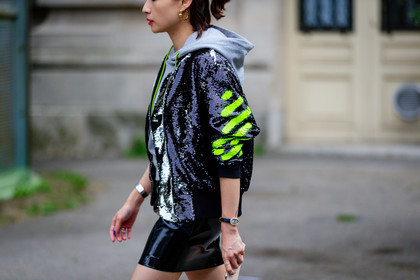 atmosphere details, black jacket, black skirt, detail, fashion week, fluo, frenchystyle, FW, hoodie, horizontal, jonathan paciullo, leather skirt, PARIS, PFW, sequined jacket, shiny jacket, SPRING SUMMER 2017, SS 17, street style, stripes