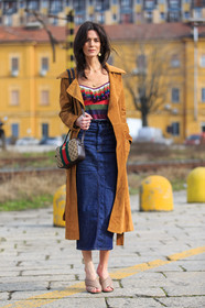 AUTUMN WINTER 2016-2017, AW 16-17, beige shoes, blue denim, brown bag, brown coat, camel coat, camel jacket, denim skirt, FALL WINTER 2016-2017, fashion week, frenchystyle, full length, FW, FW 16-17, geometric, graphic top, gucci, Hedvig Sagfjord Opshaug, high heels, jonathan paciullo, leather shoes, LFW, LONDON, long hair, long skirt, MENSWEAR, monogram, mules, nude sandals, printed bag, street style, striped top, stripes, suede jacket, vertical